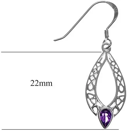 Sterling Silver Celtic Knotwork Navette Drop Earrings, pear-cut amethyst bezel set, fish hook fitting, product dimensions shown, height 22mm