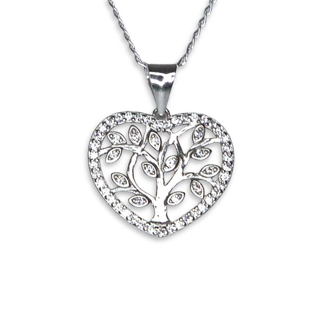 Sterling Silver Tree of Life Heart Pendant, Pave-Set CZ Border
