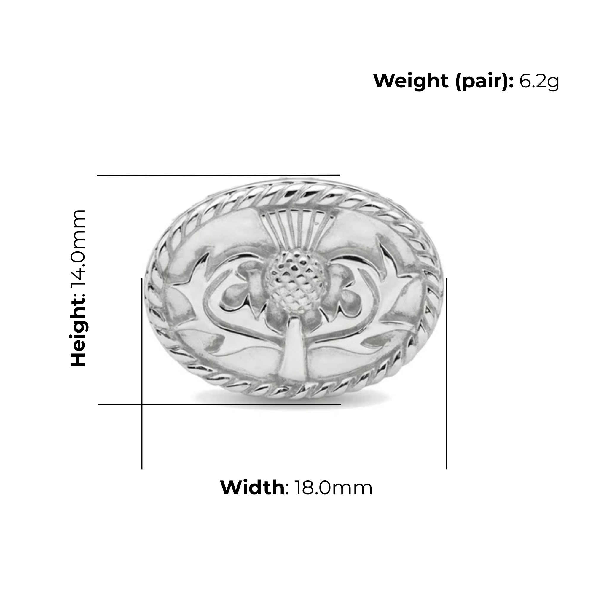 Sterling Silver Thistle Cufflinks, oval frame, rope border, product dimensions shown, width 18mm, height 14mm, weight (pair) 6.2g