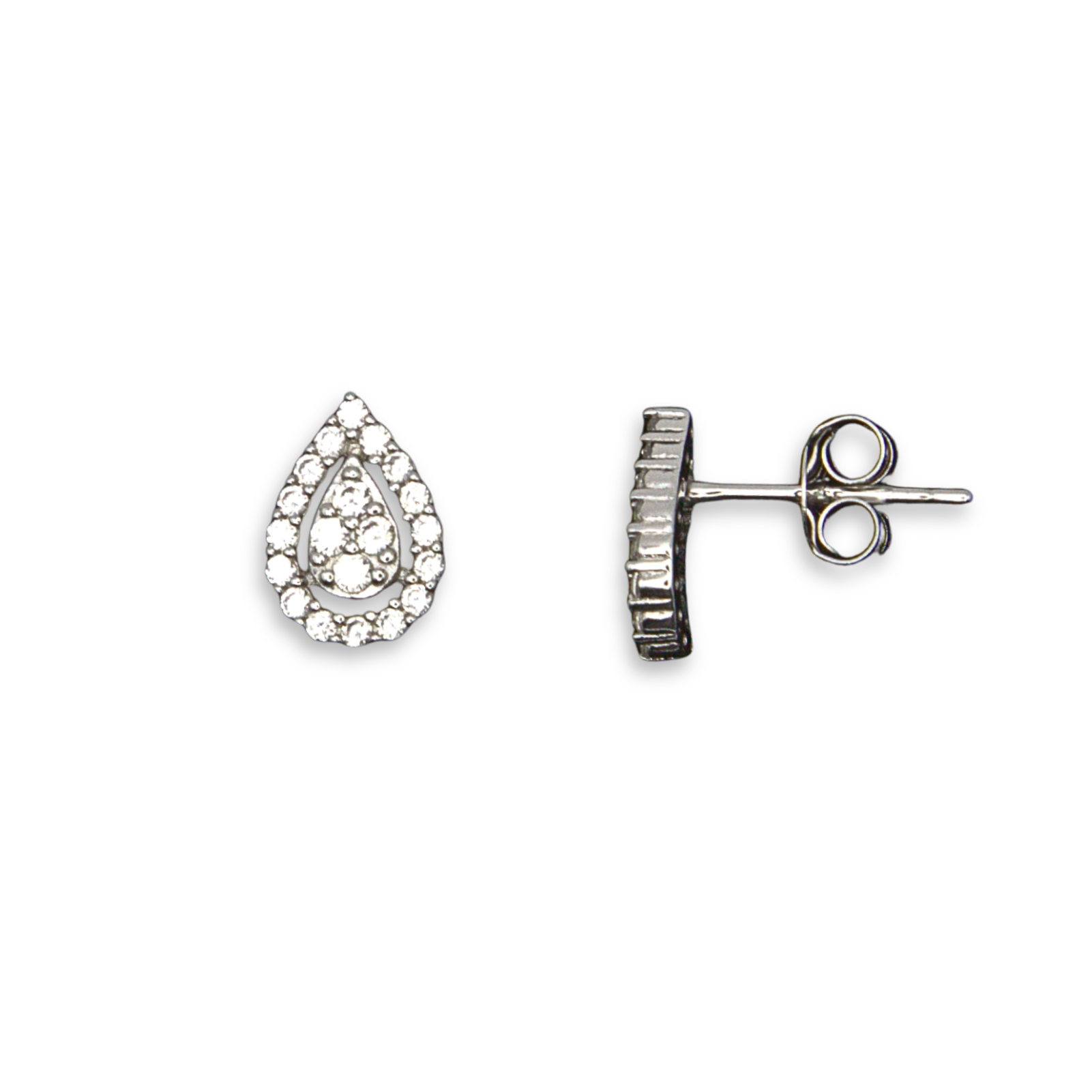 Sterling Silver Teardrop Stud Earrings, Pave-Set CZ