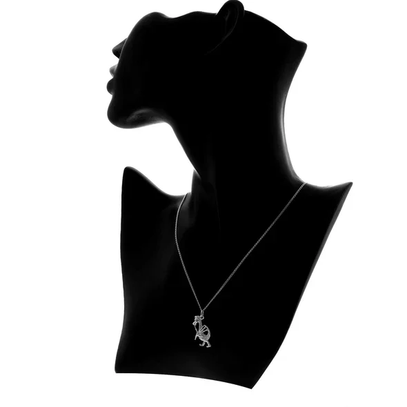 Sterling Silver Nessie Bagpiper Pendant, Loch Ness Monster playing bagpipes, sculpted novelty form, shown on modelling bust at neckline