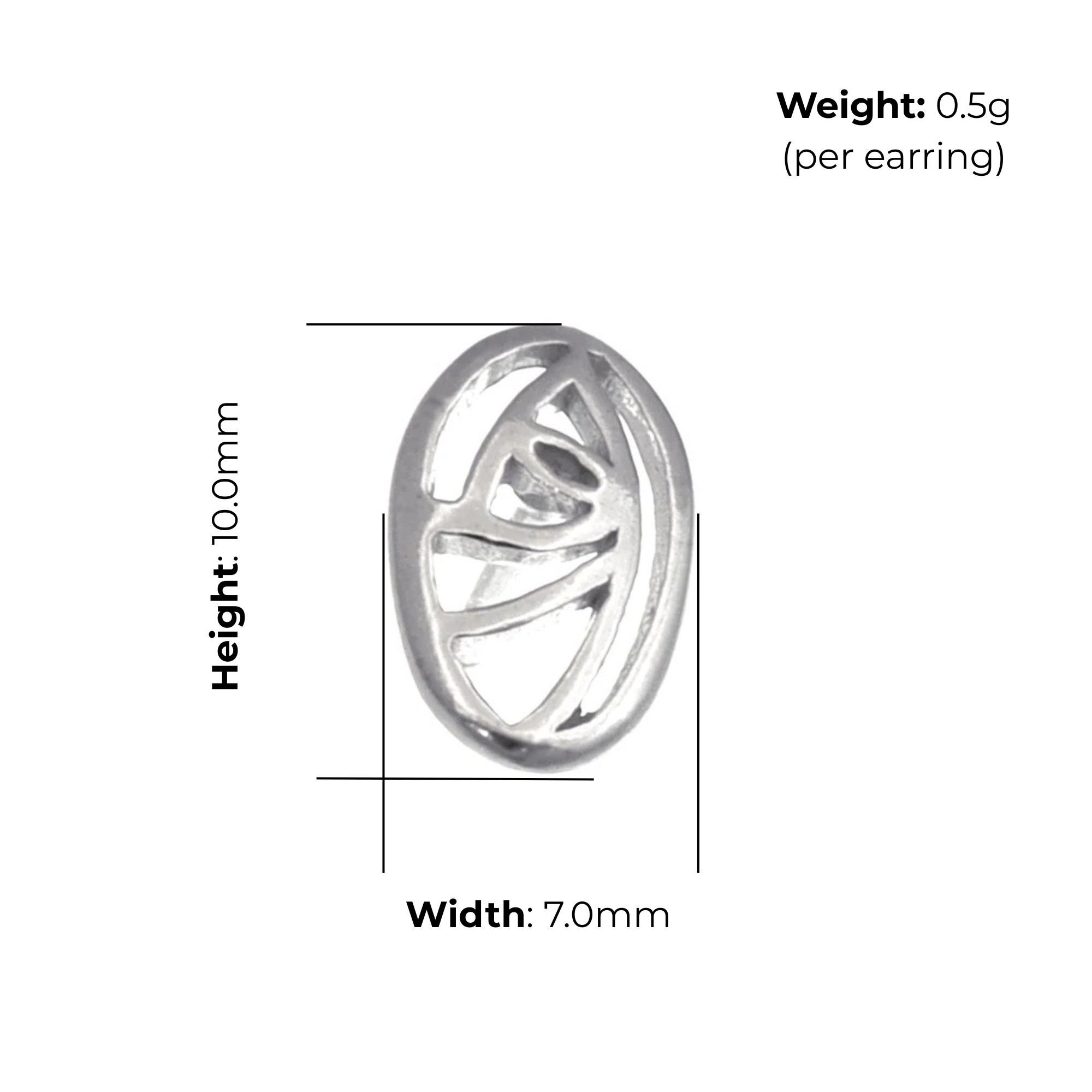 Sterling Silver Charles Rennie Mackintosh Oval Stud Earrings, sculptural botanical design, product dimensions shown, width 7mm, height 10mm, weight 0.5g per earring