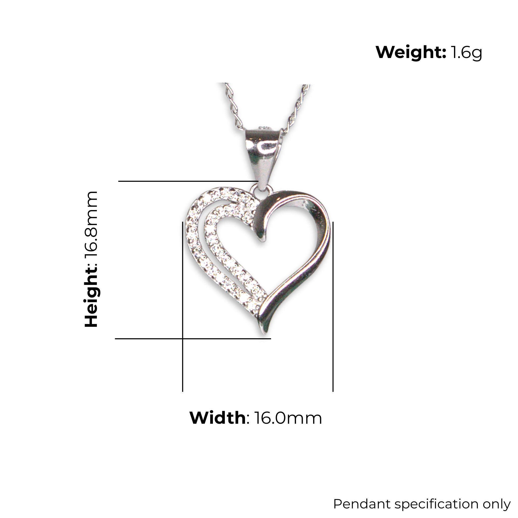 Sterling Silver Double Outline Heart Pendant with CZ, product dimensions shown, width 16mm, height 16.8mm, weight 1.6g, pendant specification shown