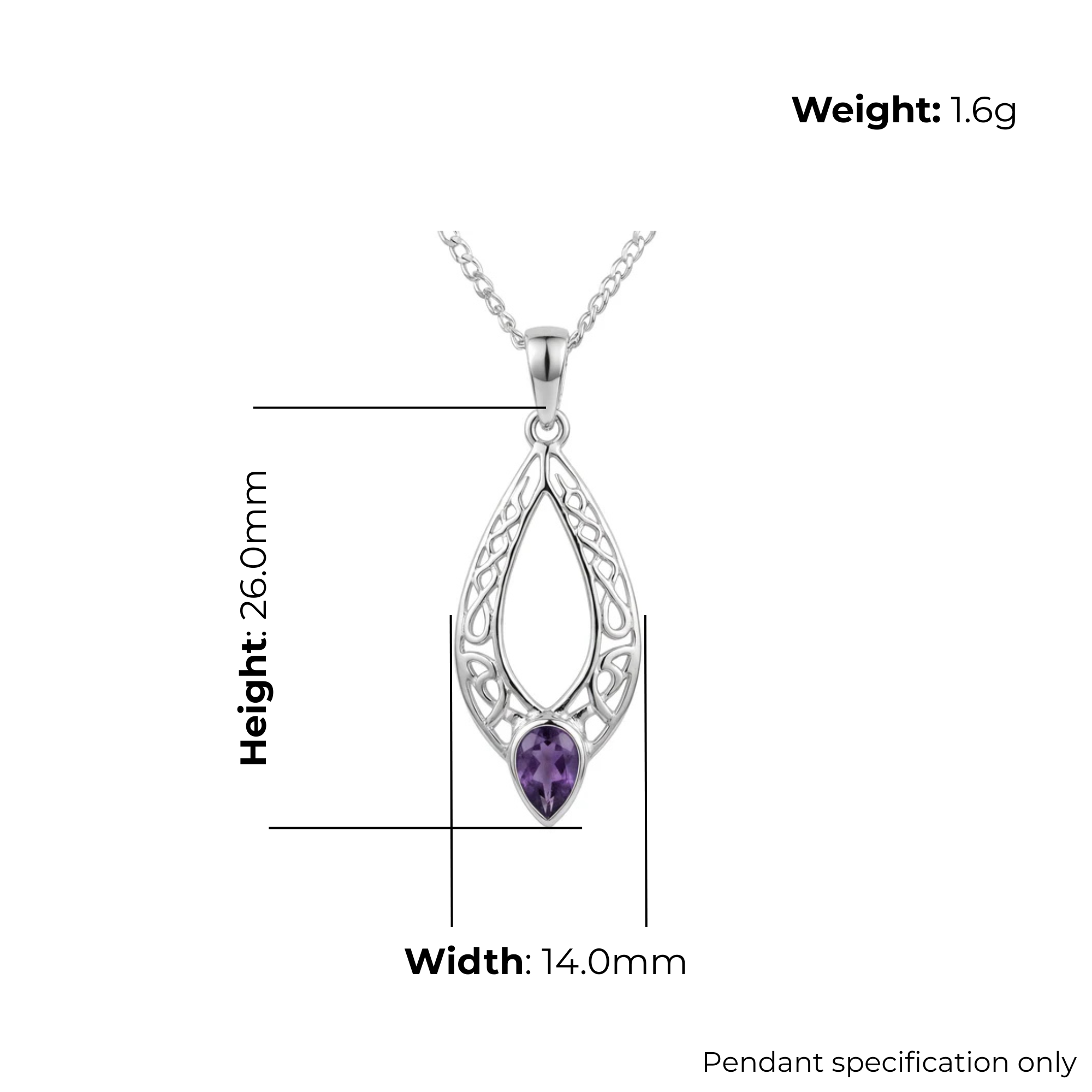 Sterling Silver Celtic Knotwork Navette Pendant, pear-cut amethyst claw set, product dimensions shown, width 14mm, height 26mm, weight 1.6g, pendant specification only
