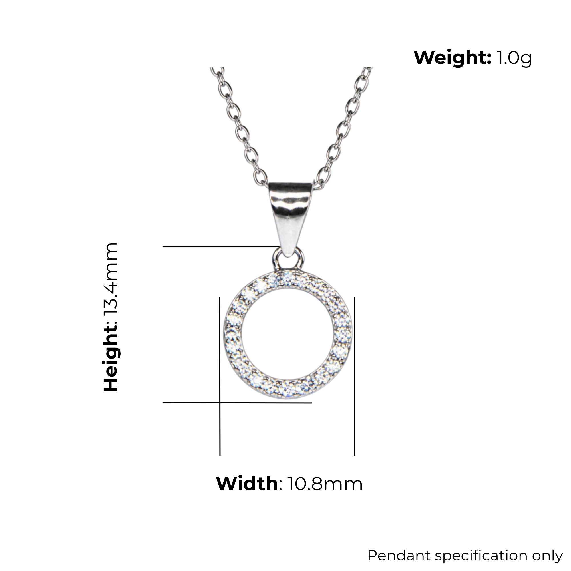 Sterling Silver Open Circle Pendant, Pave-Set CZ Detail, product dimensions shown, width 10.8mm, height 13.4mm, weight 1.0g, pendant specification only.