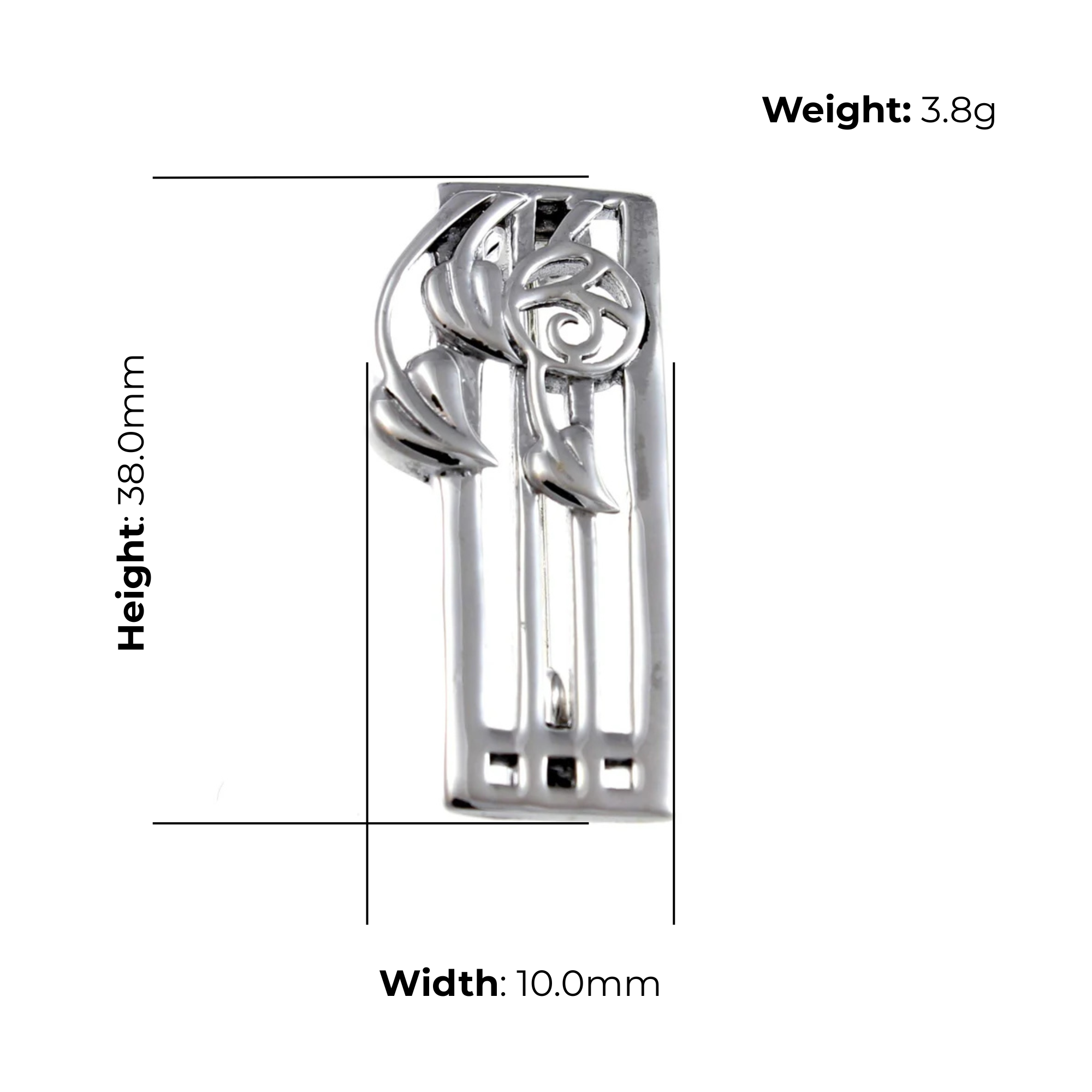 Sterling Silver Charles Rennie Mackintosh Column Brooch, sculpted rose design, product dimensions shown, width 10mm, height 38mm, weight 3.8g