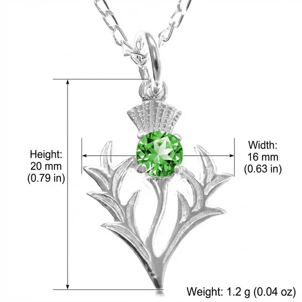 Sterling Silver Scottish Thistle Pendant, round green CZ claw set, feathered head, product dimensions shown, width 16mm by height 20mm, weight 1.2g