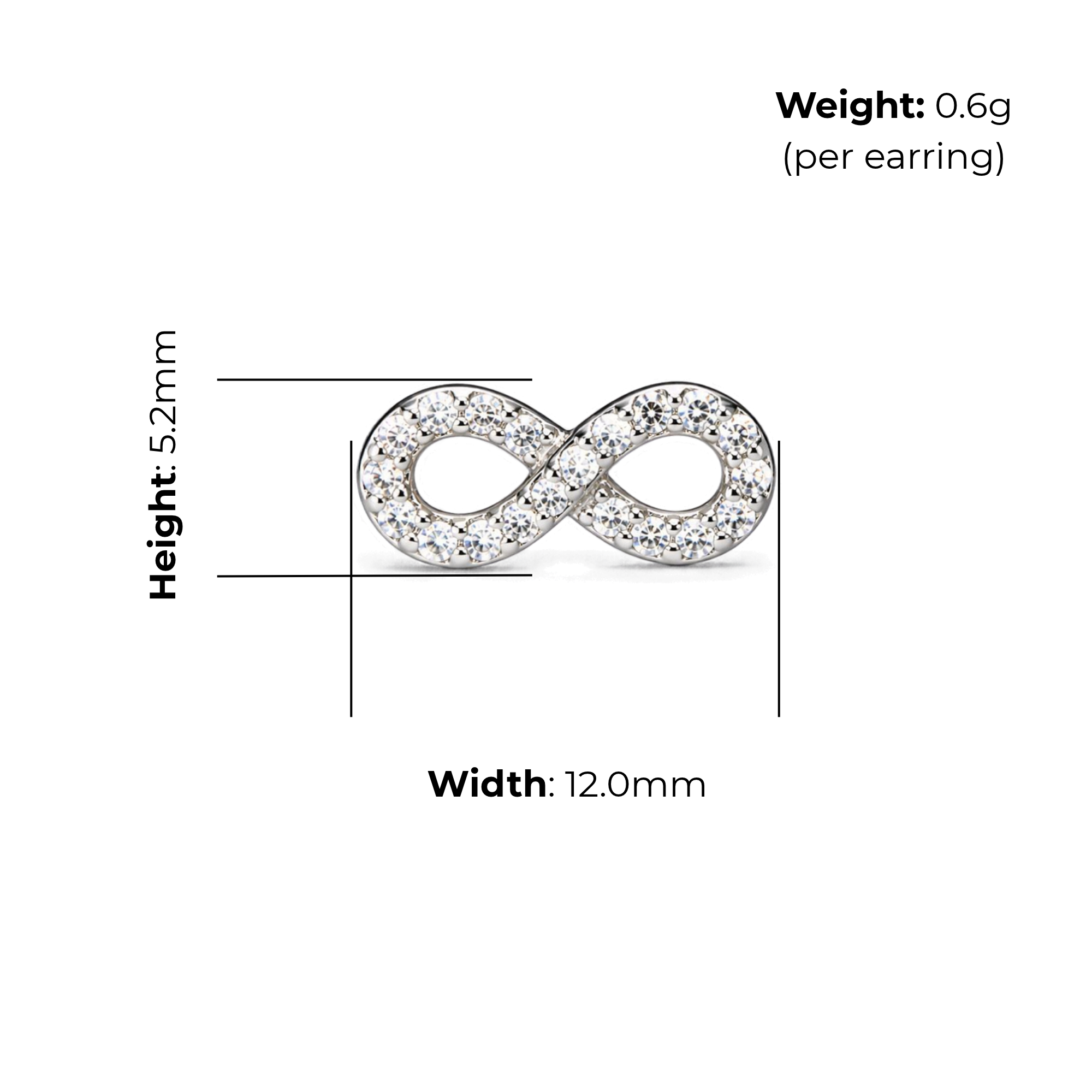 Sterling Silver Open Infinity Stud Earrings with CZ, product dimensions shown, width 12mm, height 5.2mm, weight 0.6g per earring