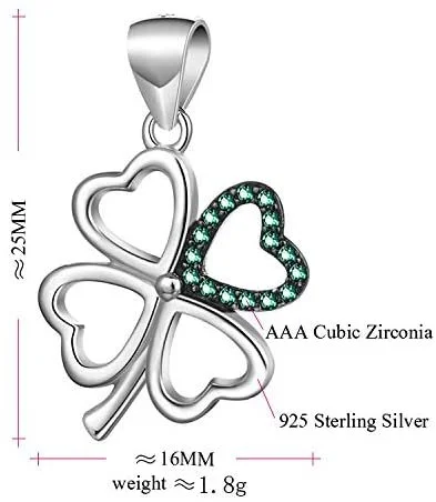 Sterling Silver Celtic Four Leaf Clover Pendant, open heart lobes, green CZ set, product dimensions shown, height 25mm by width 16mm, weight 1.8g