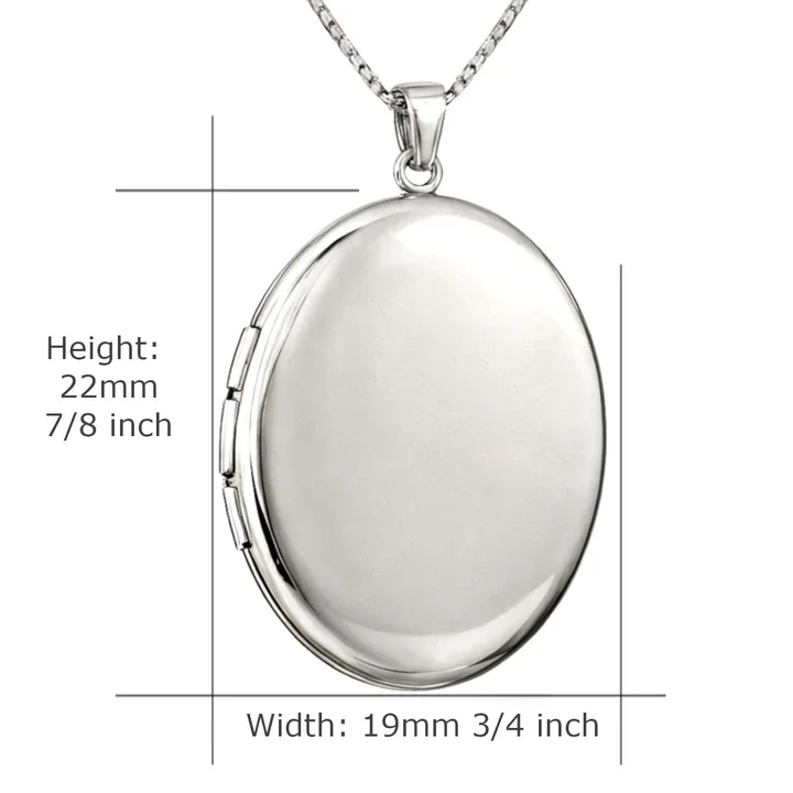 Sterling Silver oval photo locket, smaller version. Plain high mirror polish, two photo capacity, product dimensions shown, 22mm height by 19mm width
