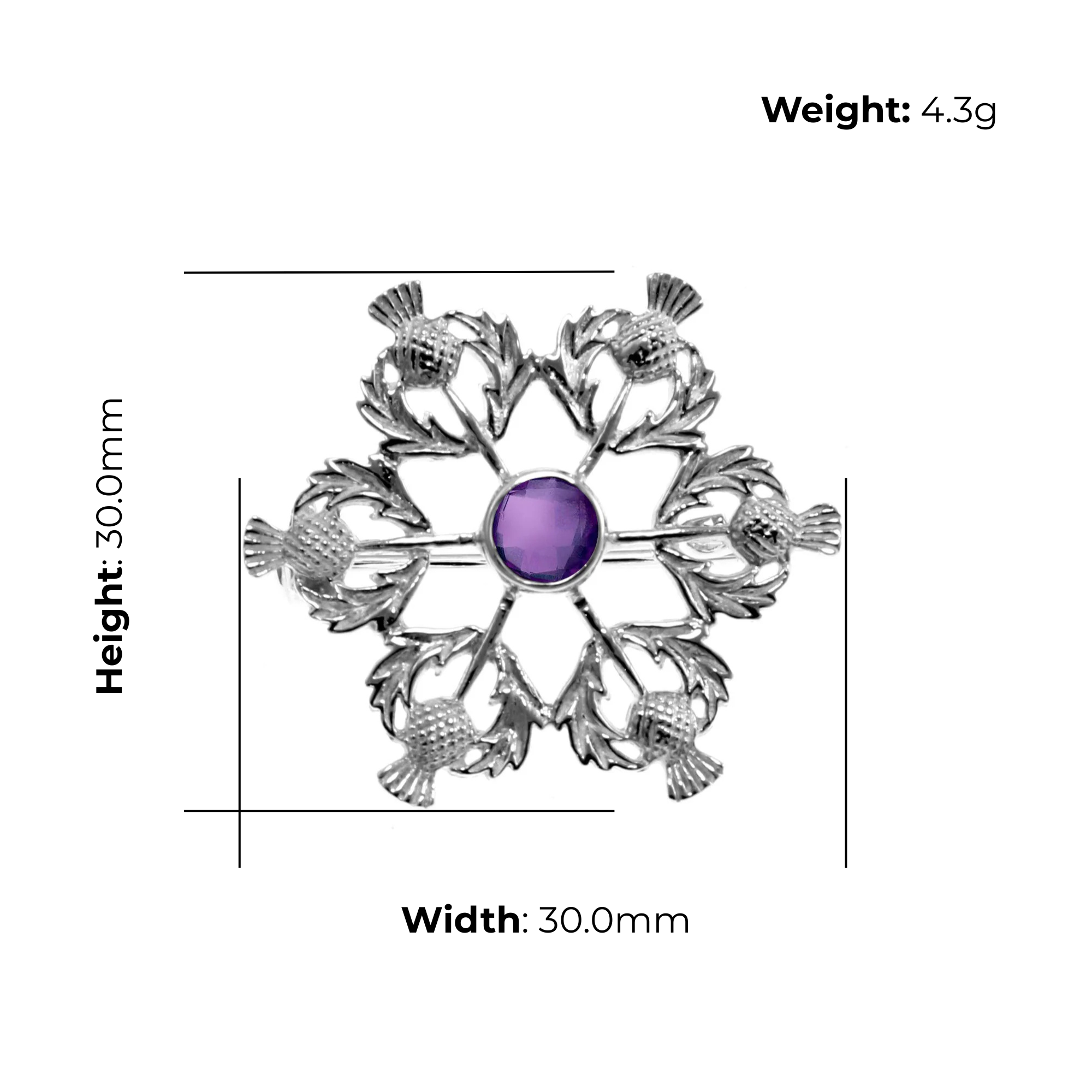 Sterling Silver Thistle Brooch, radial design with amethyst, product dimensions shown, width 30mm, height 30mm, weight 4.3g