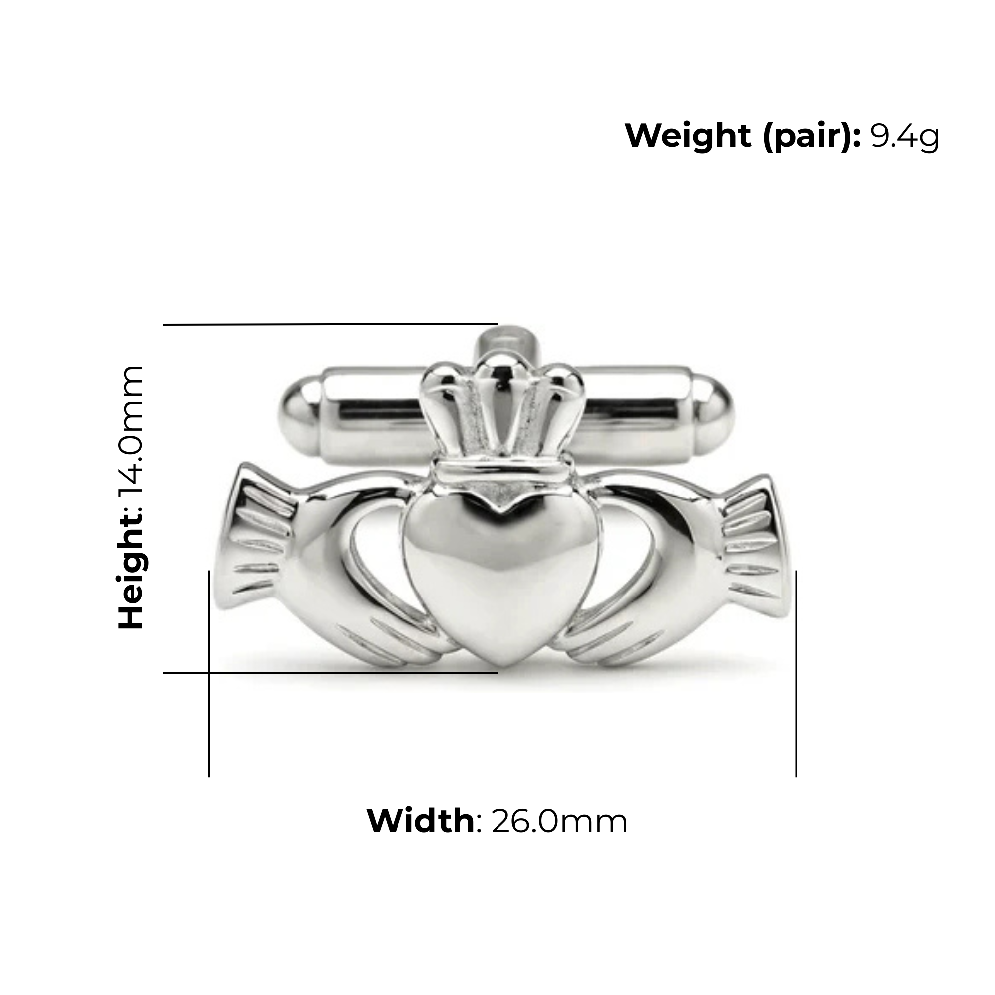 Sterling Silver Claddagh Cufflinks, ribbed cuff detail, product dimensions shown, width 26mm, height 14mm, weight (pair) 9.4g