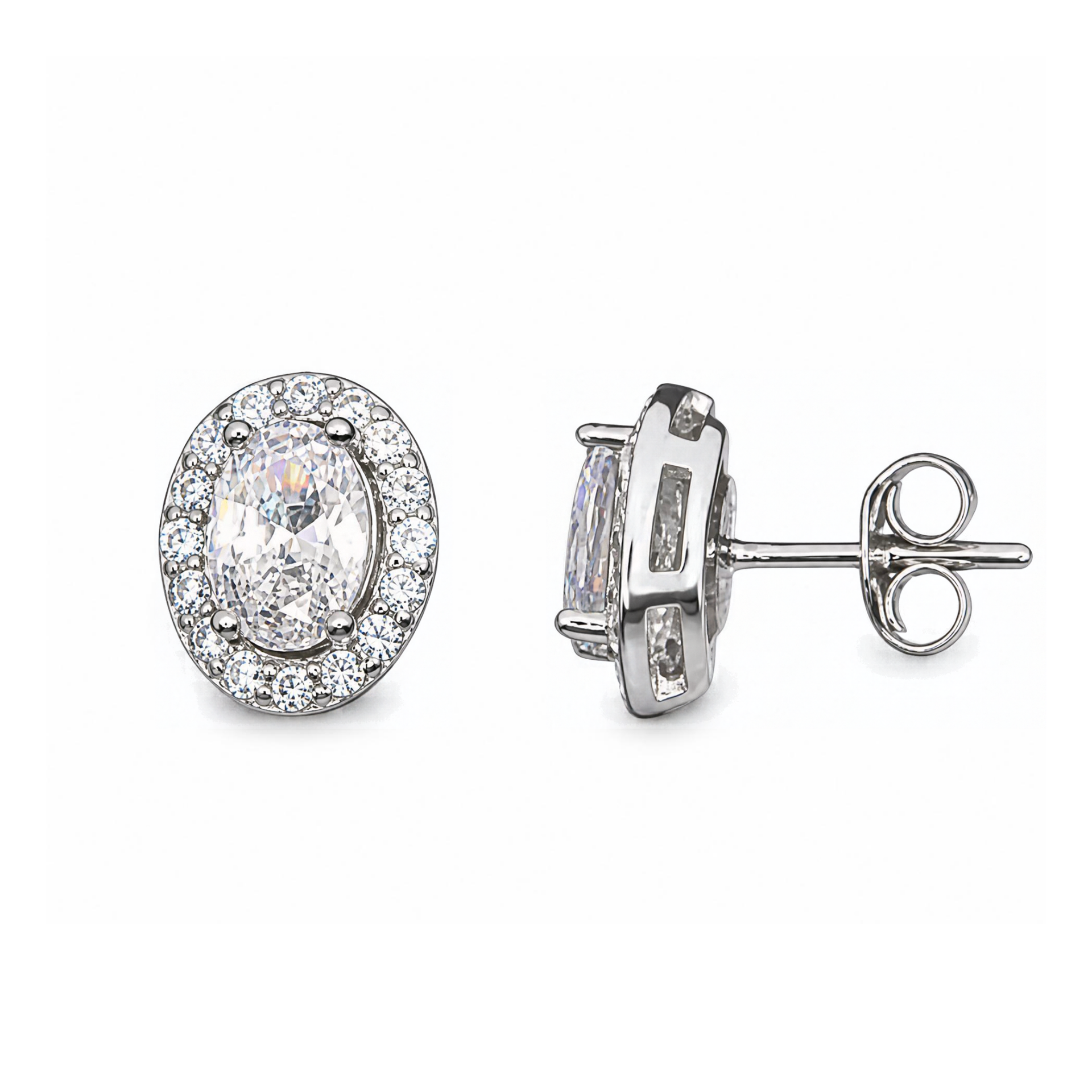 Sterling Silver Oval Halo Stud Earrings, Pave-Set CZ