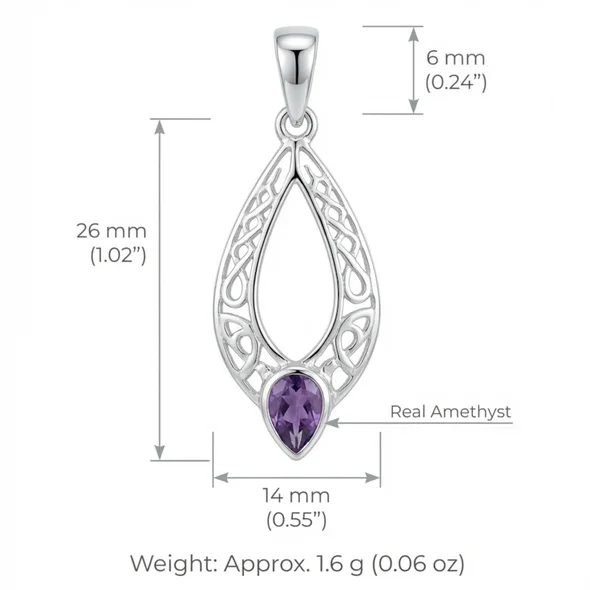 Sterling Silver Celtic Knotwork Navette Pendant, pear-cut amethyst claw set, product dimensions shown, height 26mm by width 14mm, weight 1.6g