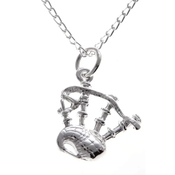 Sterling Silver Scottish Bagpipes Pendant, sculpted three-dimensional form, drone and bag detail.