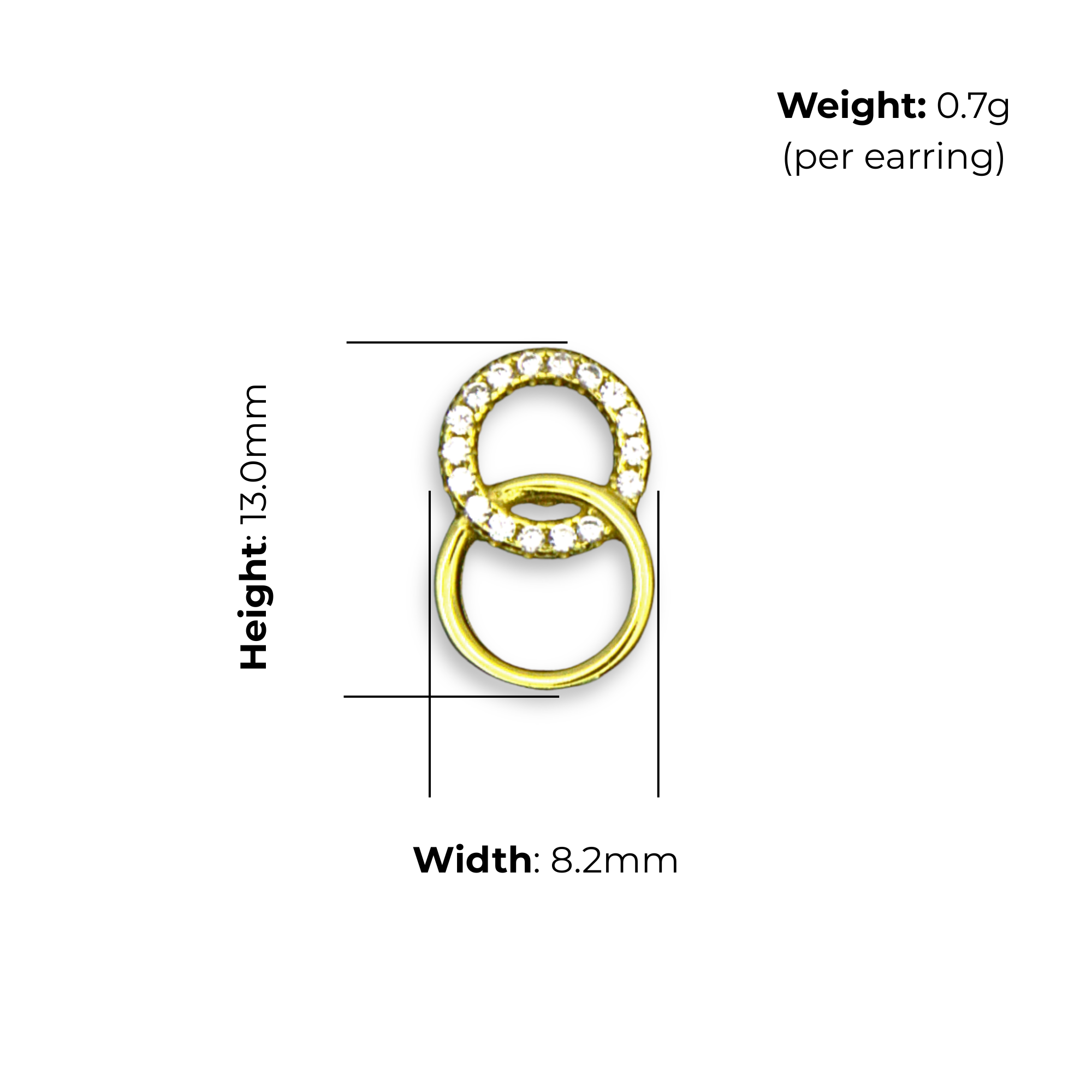 Sterling Silver Interlocking Circles Stud Earrings, Gold Plated, Pave-Set CZ, product dimensions shown, width 8.2mm, height 13.0mm, weight 0.7g per earring.