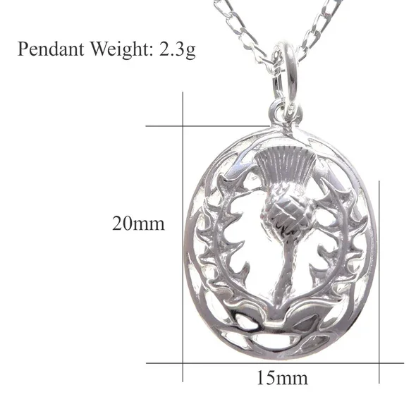 Sterling Silver Scottish Thistle Pendant, open oval frame, feathered head, crosshatched globe, pierced leaf detail, product dimensions shown, width 15mm by height 20mm, weight 2.3g