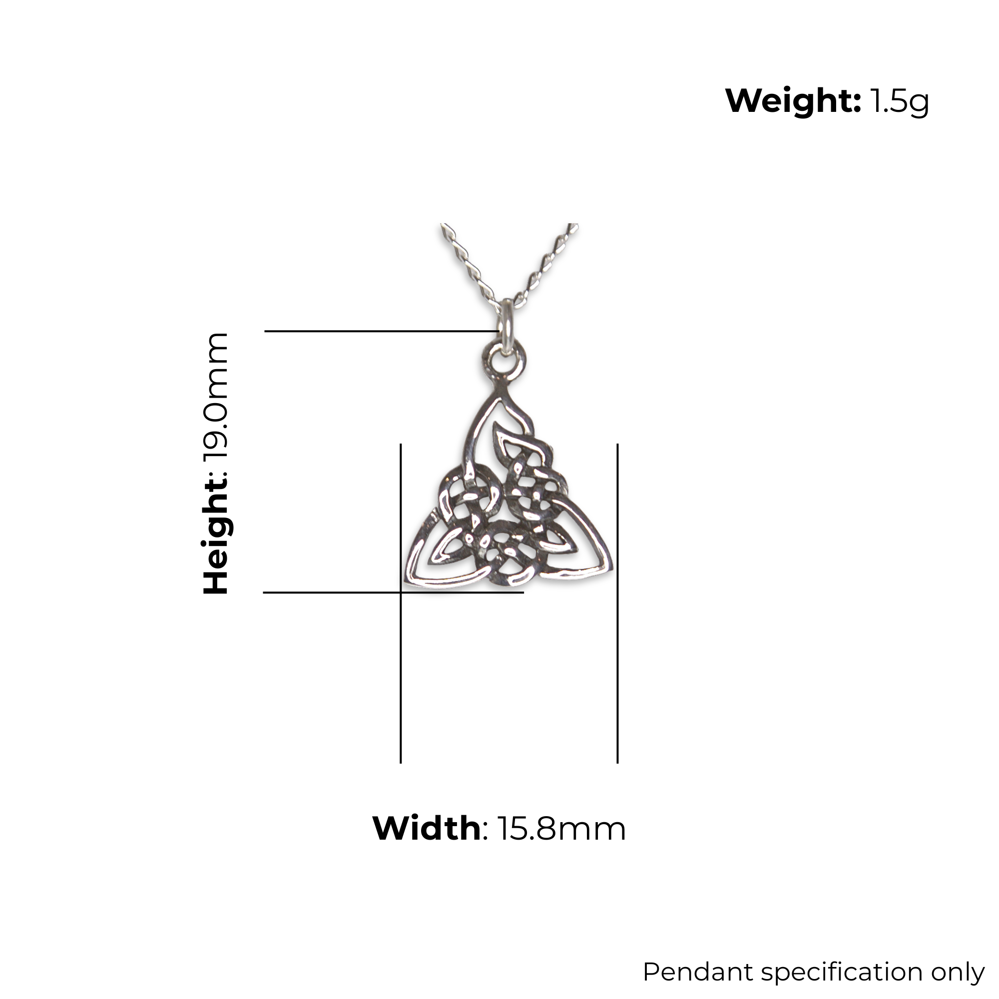 Sterling Silver Celtic Knot Triangular Pendant, Basketweave Interlace, product dimensions shown, width 15.8mm, height 19mm, weight 1.5g, pendant specification only.