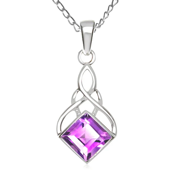 Sterling Silver Celtic Knotwork Pendant, square-cut amethyst stone, bezel set.
