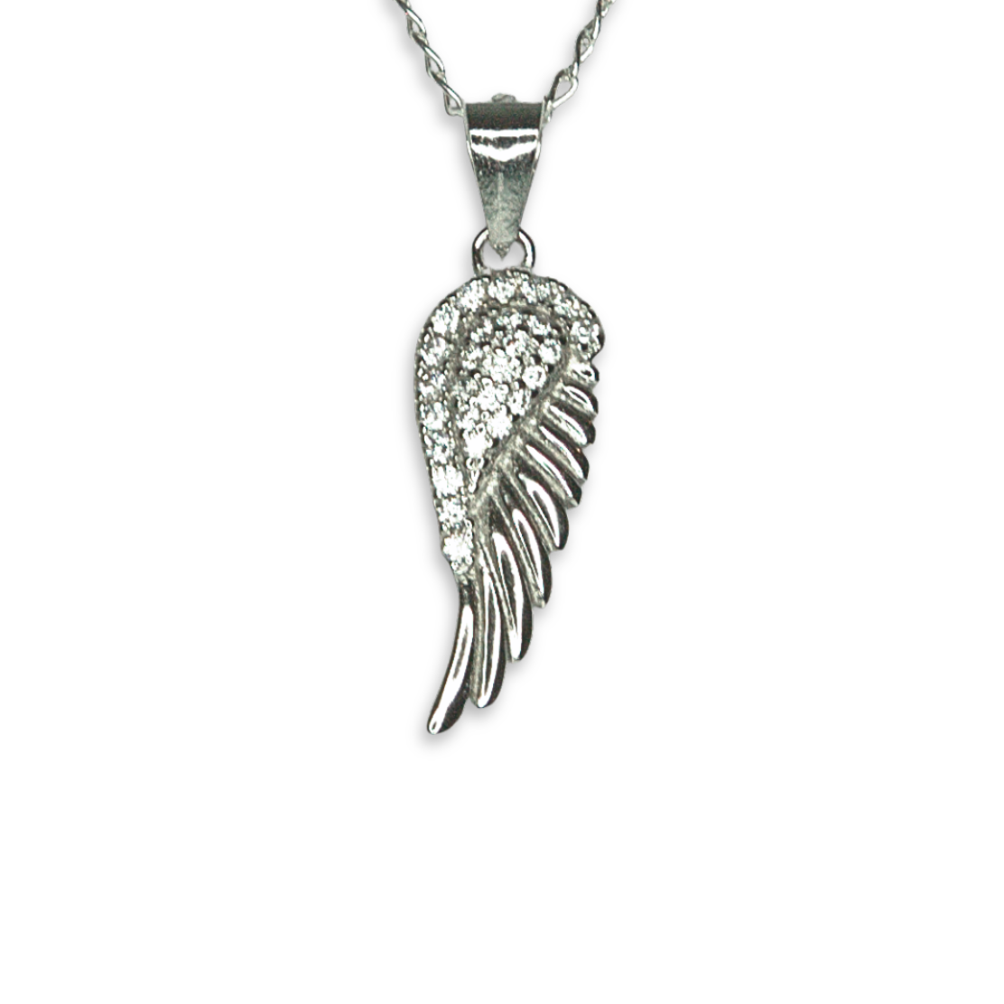 Sterling Silver Angel Wing Pendant, Pave-Set CZ Detail