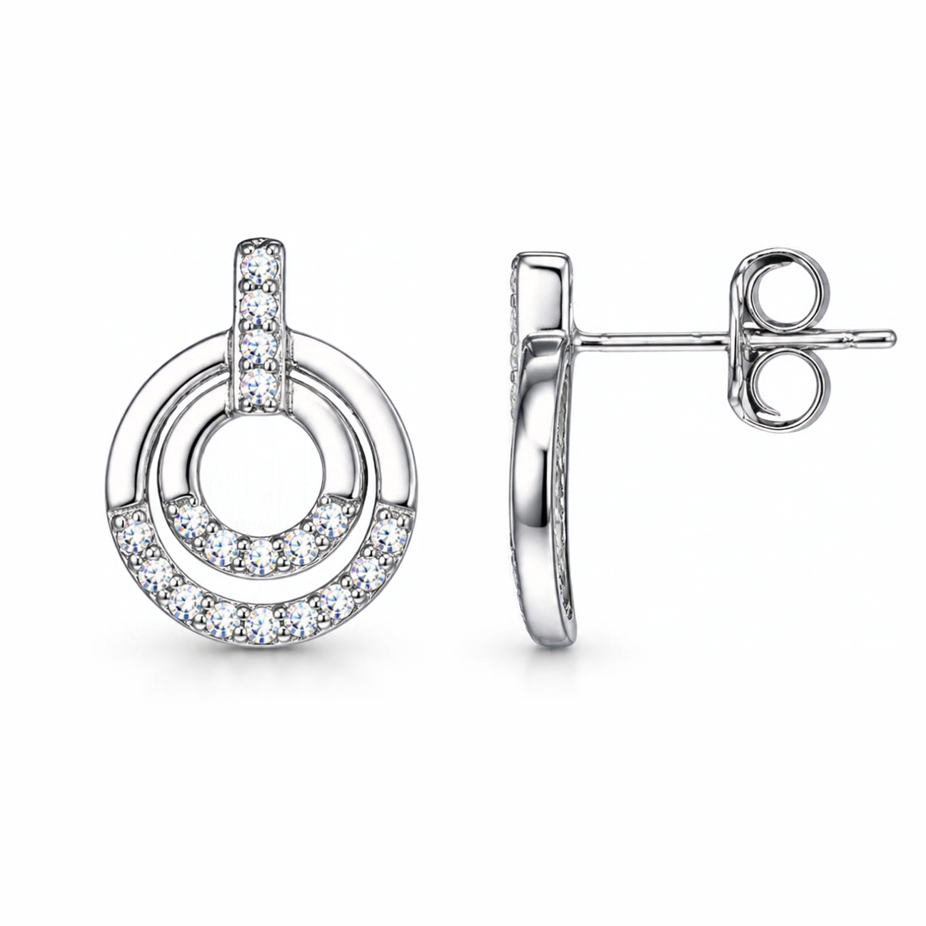 Silver Donna Ricardo Double Circle Stud Earrings (DRE3001)