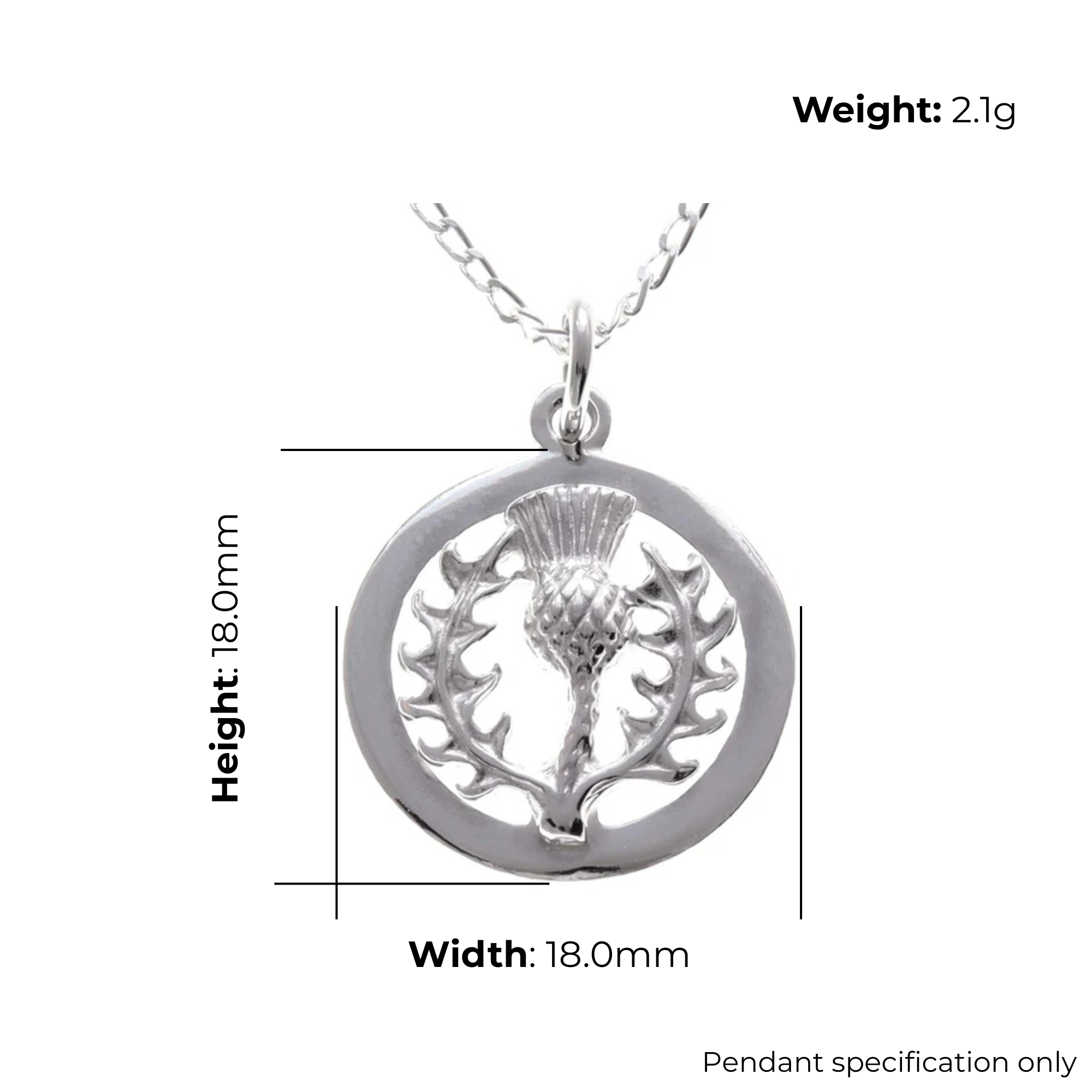 Sterling Silver Scottish Thistle Pendant, circular frame, feathered head, crosshatched globe, spiky leaves, product dimensions shown. height 18mm, width 18mm, weight 2.1g, pendant specification only