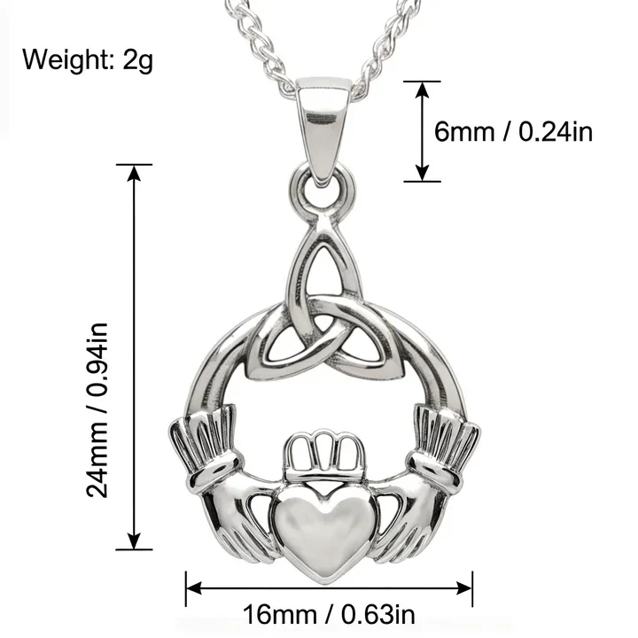 Sterling Silver Claddagh & Trinity Knot Pendant, high mirror polish, product dimensions shown, width 16mm by height 24mm, bail height 6mm, weight 2g