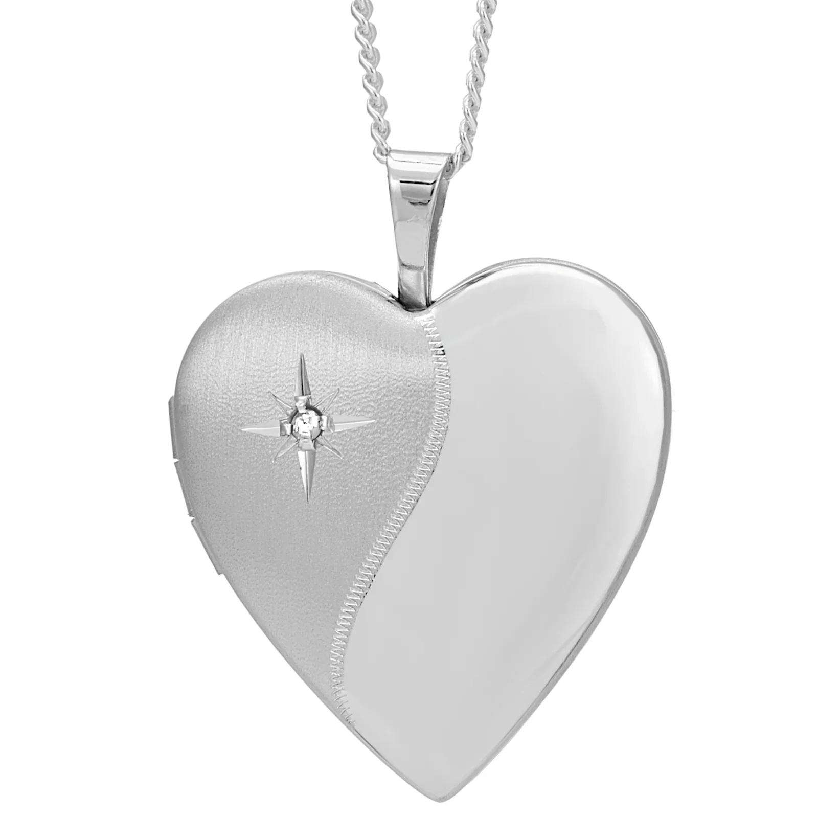 Sterling Silver heart locket with diamond. Star-set stone, satin and mirror polish contrast, milgrain border. 22mm
