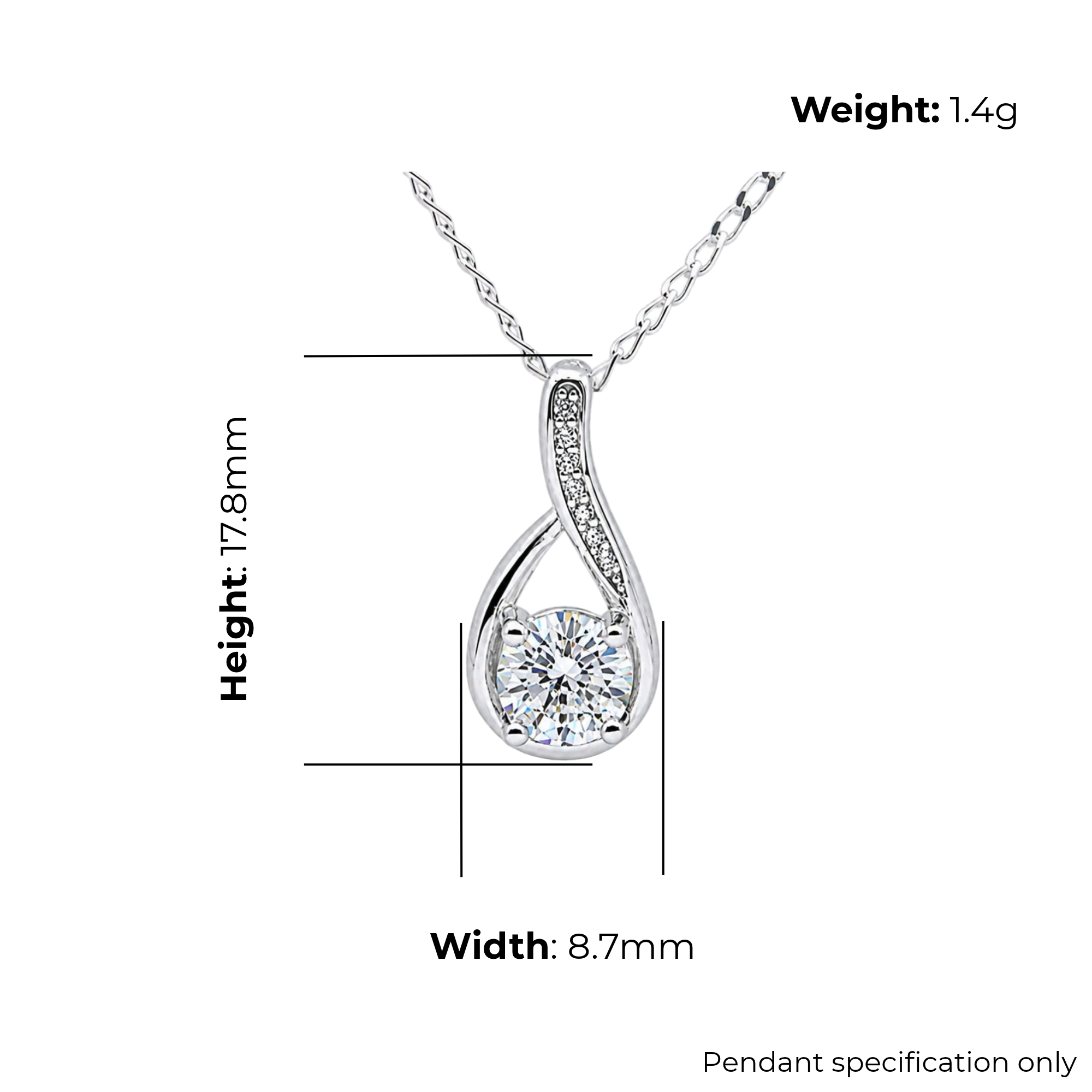Sterling Silver Twist Top CZ Pendant, product dimensions shown, width 8.7mm, height 17.8mm, weight 1.4g, pendant specification only