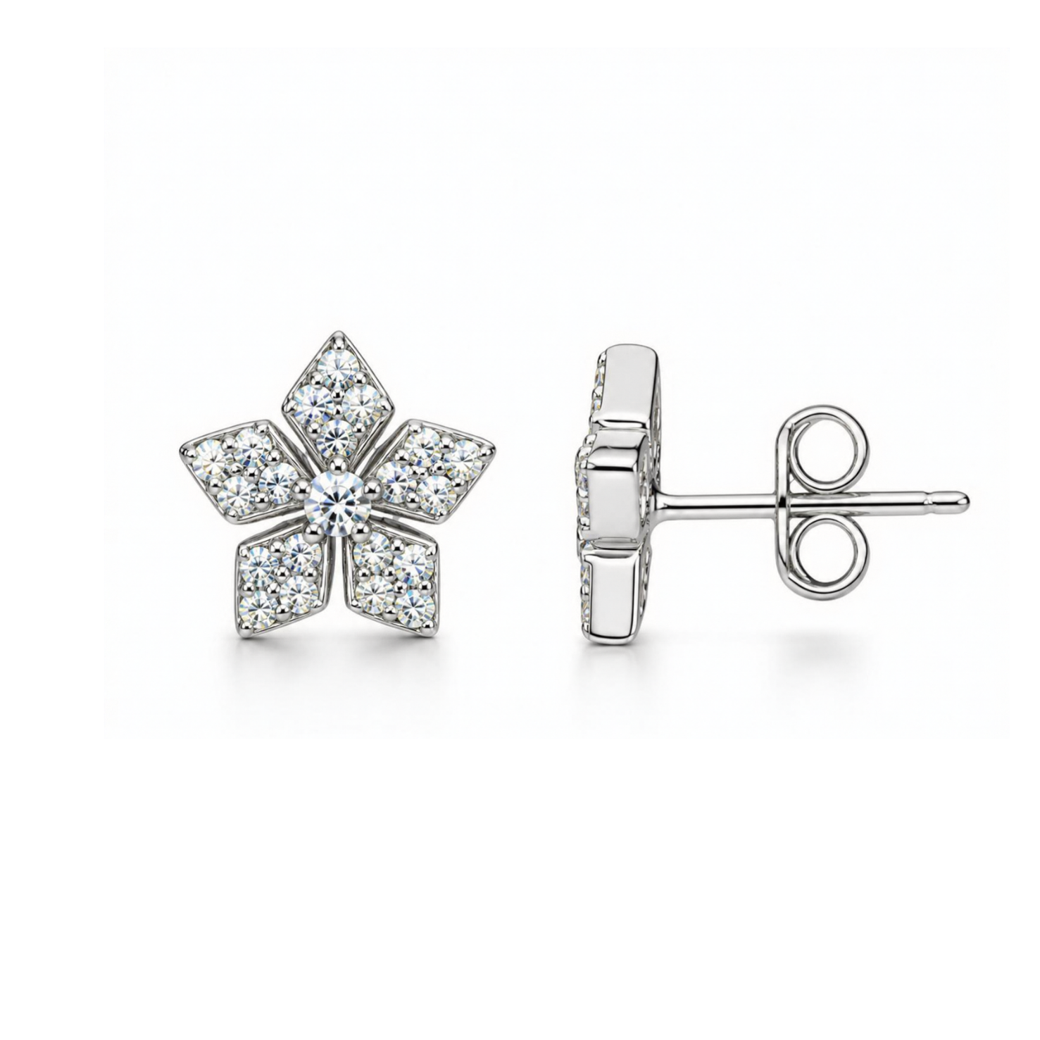 Sterling Silver Flower Stud Earrings, Pave-Set CZ
