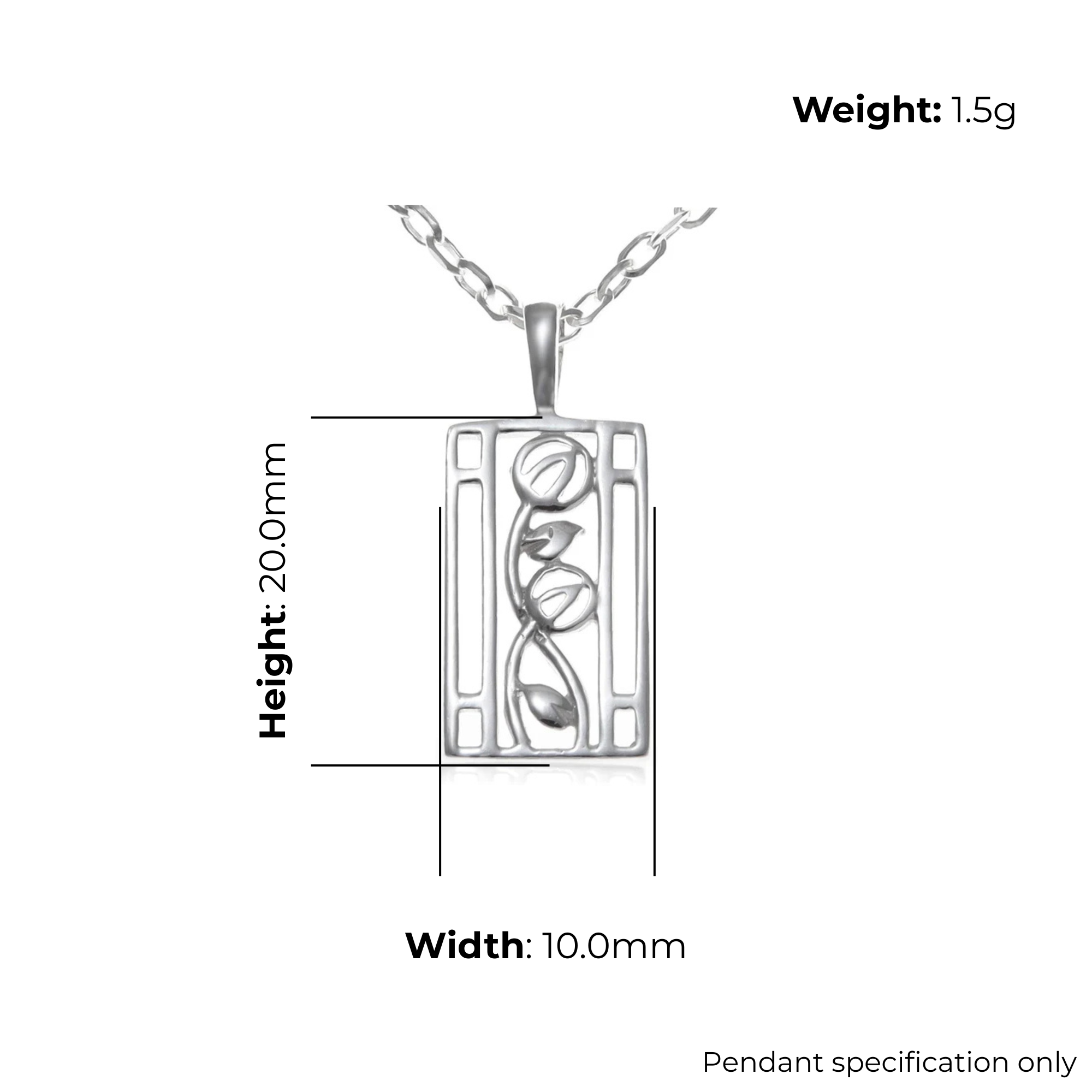 Sterling Silver Charles Rennie Mackintosh Panel Pendant, rose bud design, product dimensions shown, width 10mm, height 20mm, weight 1.5g, pendant specification only
