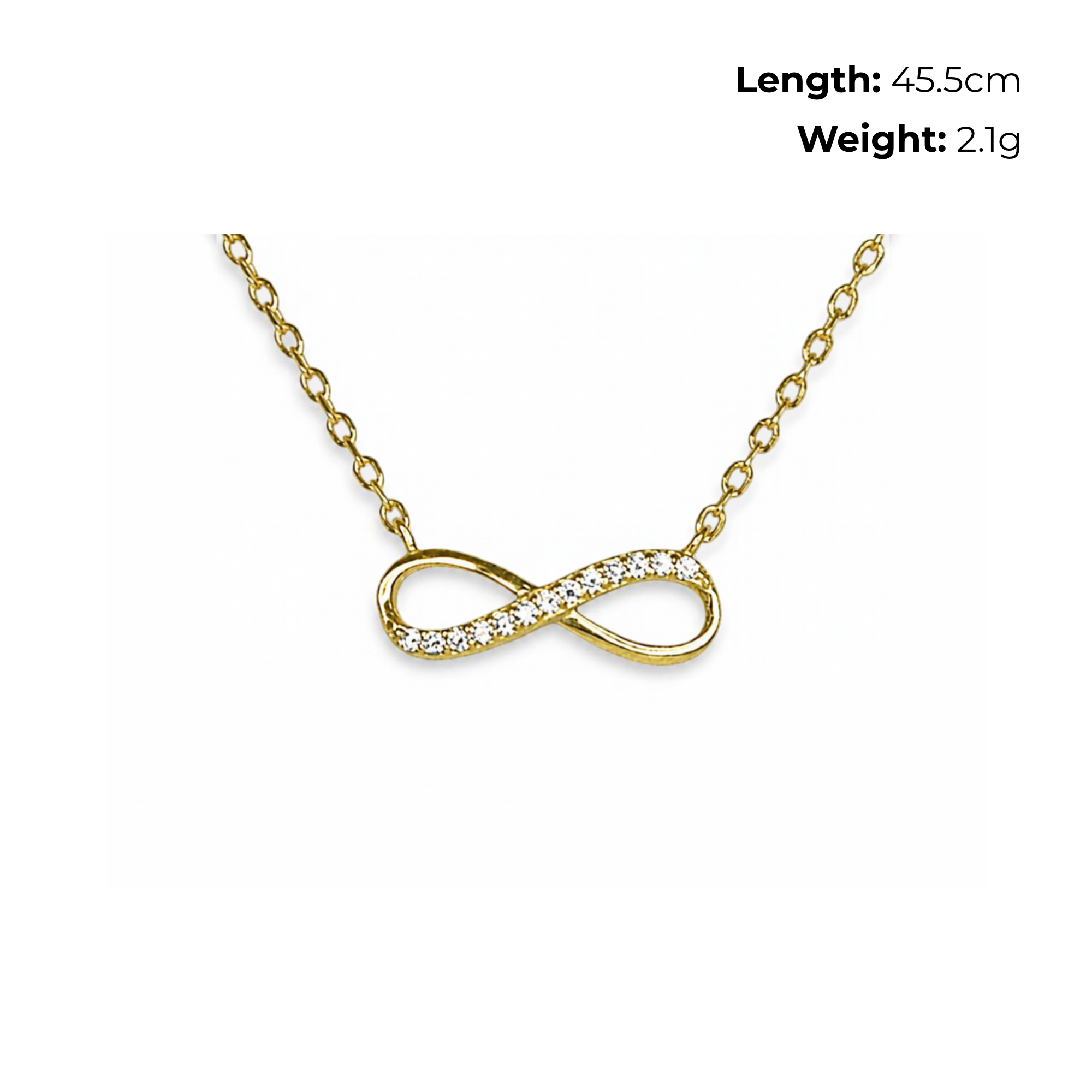 Sterling Silver Infinity Necklet, Gold Plated, CZ Detail, product dimensions shown, length 45.5cm, weight 2.1g.