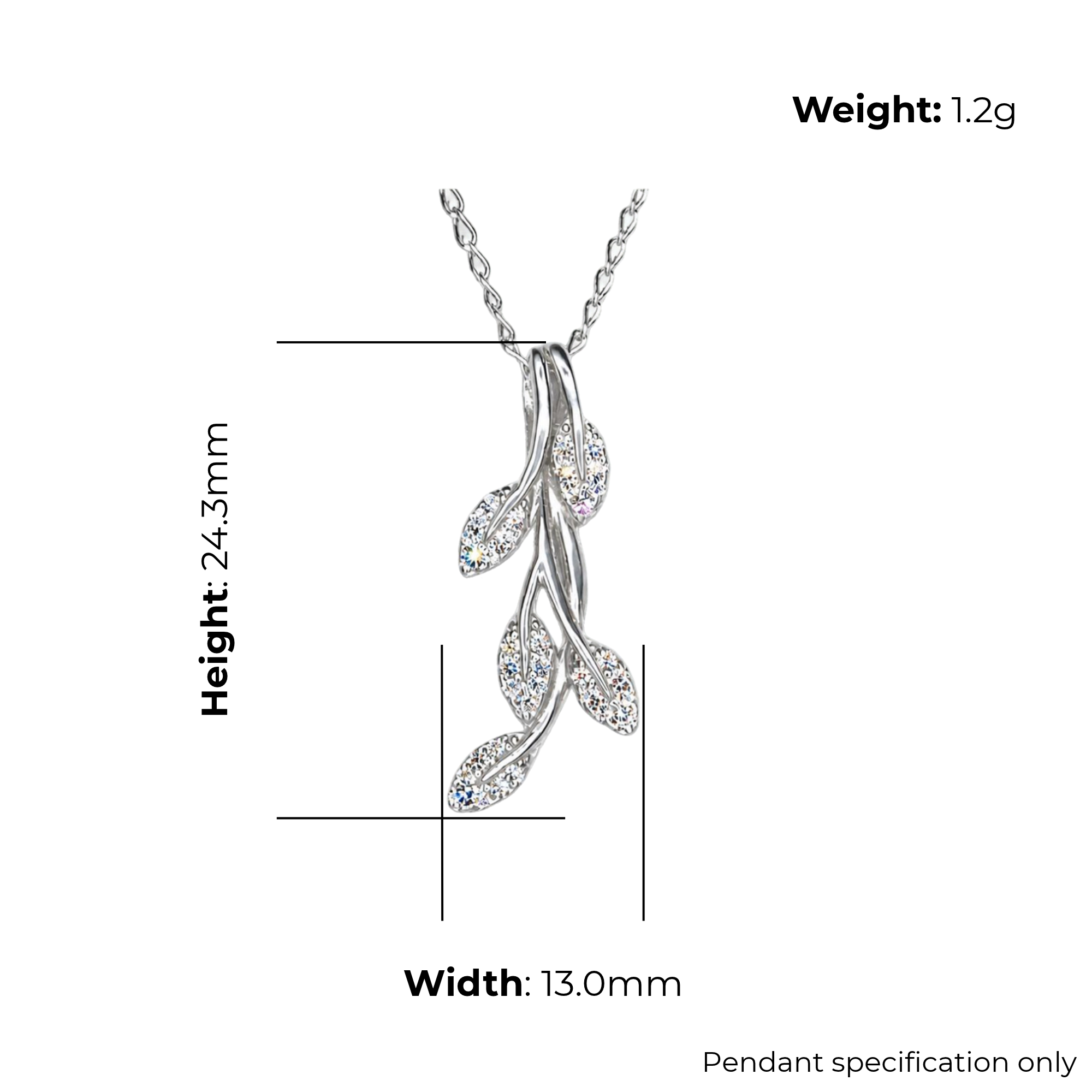 Sterling Silver Leaf Branch Pendant with CZ, product dimensions shown, width 13mm, height 24.3mm, weight 1.2g, pendant specification only