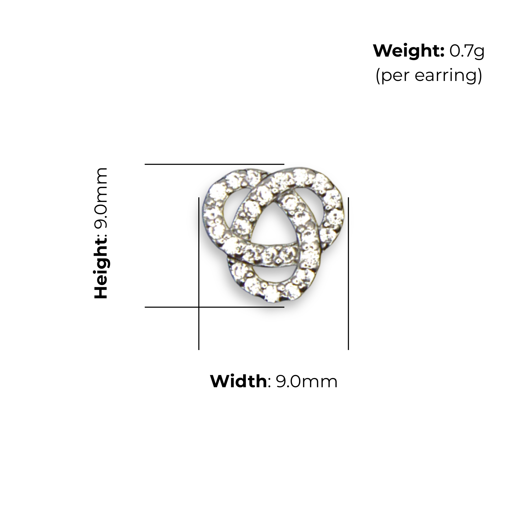 Sterling Silver Interlocking Loop Stud Earrings, Pave-Set CZ, product dimensions shown, width 9.0mm, height 9.0mm, weight 0.7g per earring.