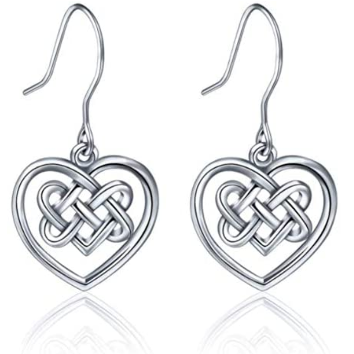 Sterling Silver Celtic Knotwork Heart Drop Earrings, basketweave interlace interior, open heart frame, fish hook fitting.