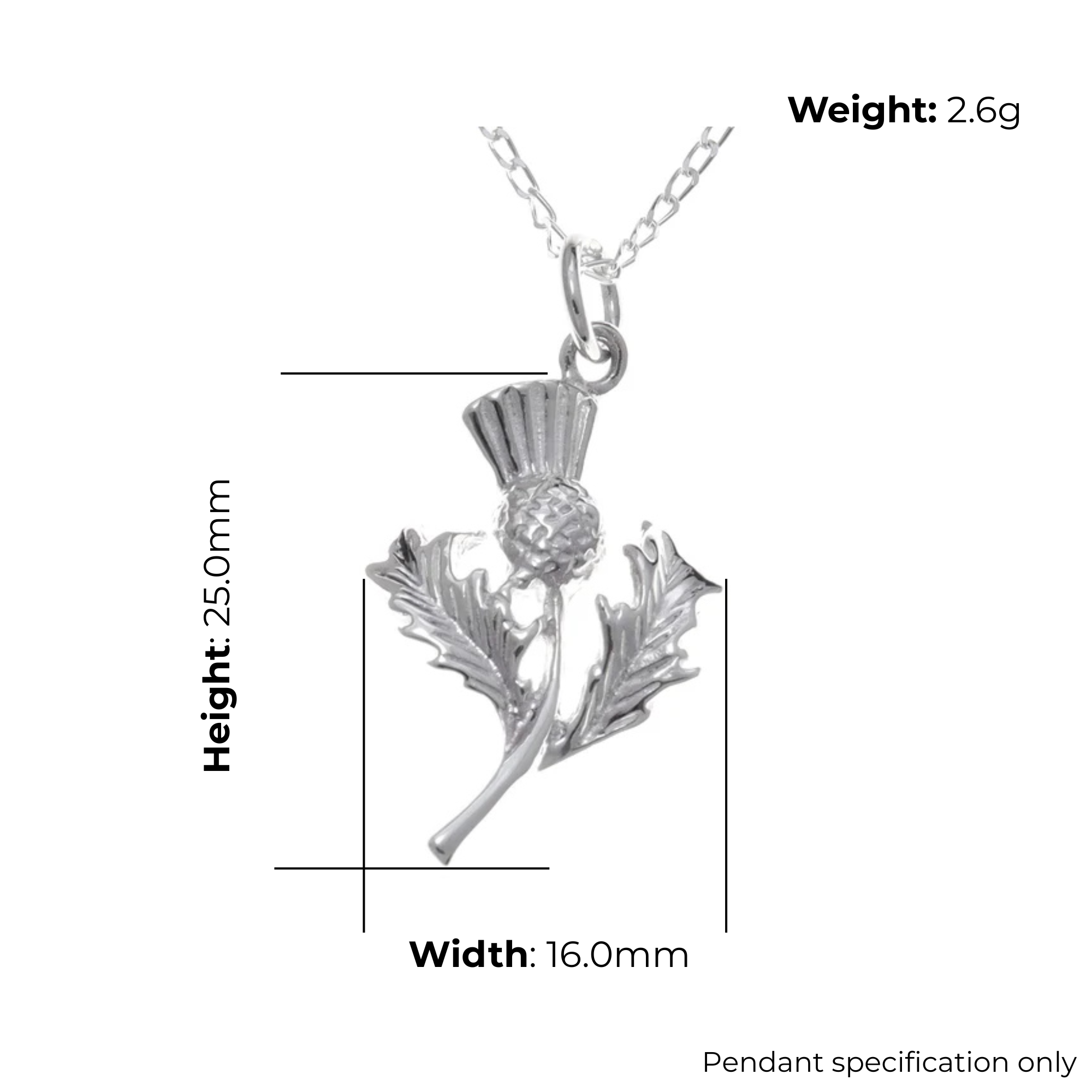 Sterling Silver Scottish Thistle Pendant, feathered head, crosshatched globe, naturalistic leaf detail, product dimensions shown, width 16mm, height 25mm, weight 2.6g, pendant specification only