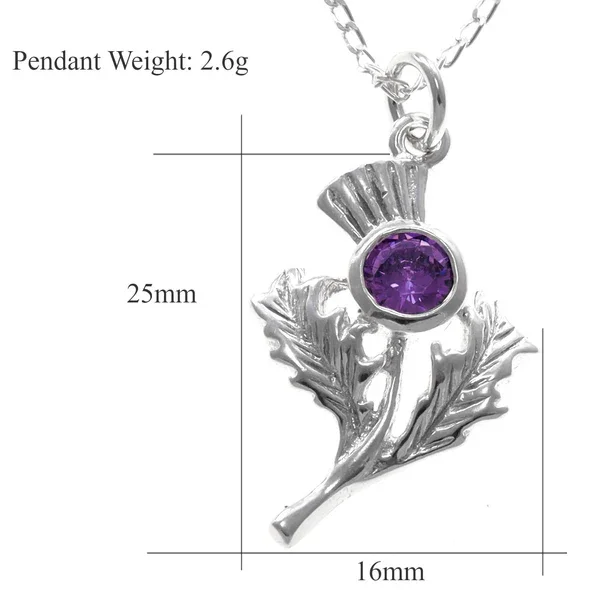 Sterling Silver Scottish Thistle Pendant, round amethyst bezel set, naturalistic leaf detail, product dimensions shown, width 16mm by height 25mm, weight 2.6g