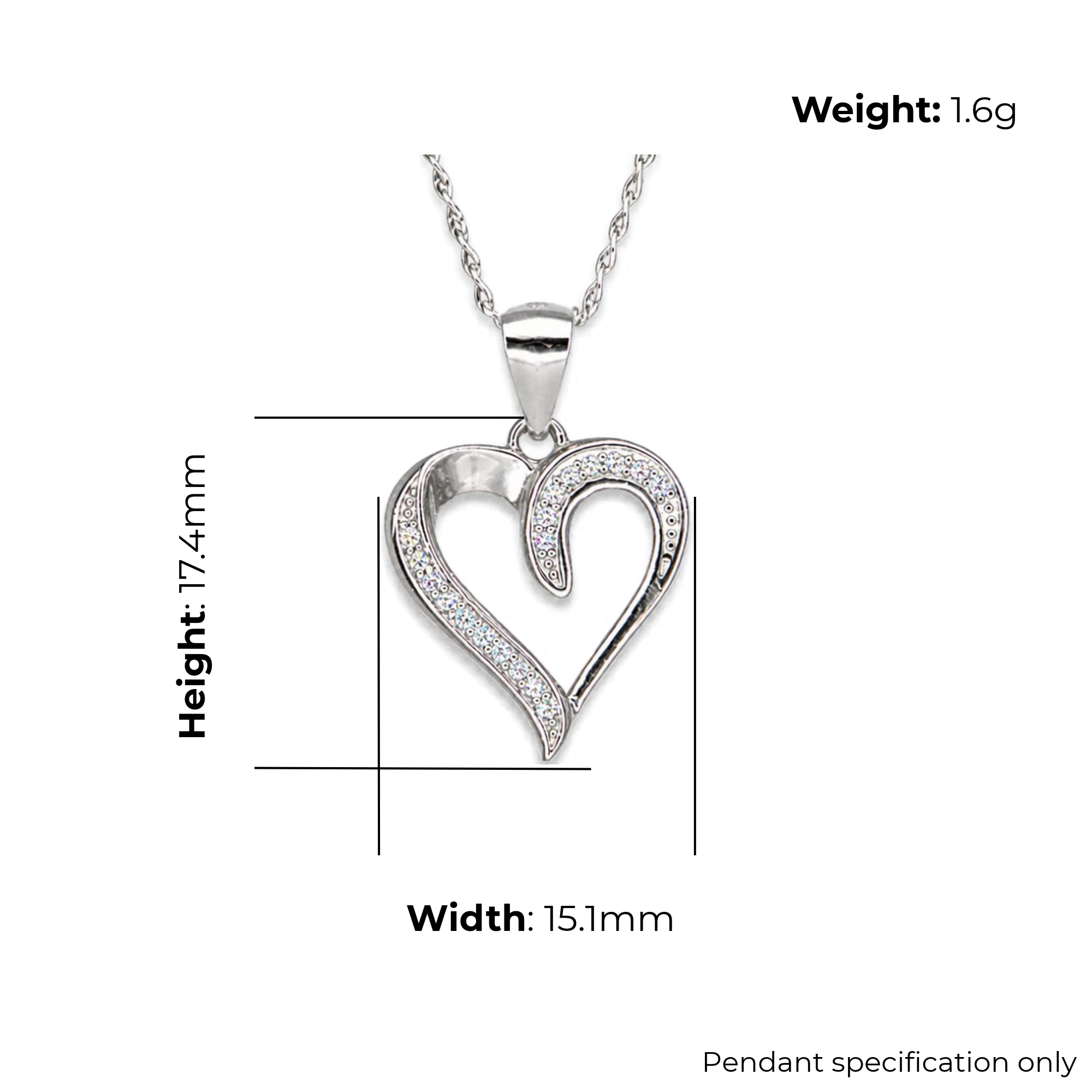 Sterling Silver Asymmetric Heart Pendant with CZ, product dimensions shown, width 15.1mm, height 17.4mm, weight 1.6g, pendant specification only