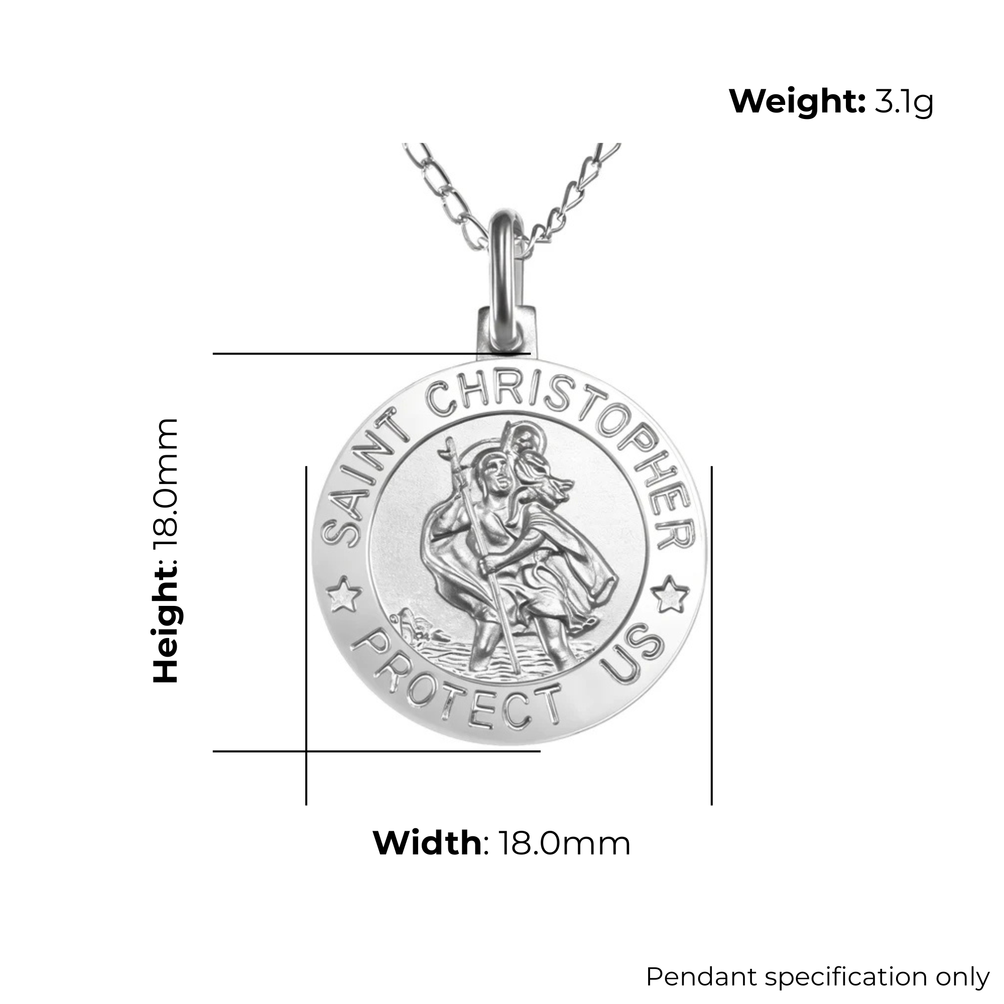 Sterling Silver St Christopher Pendant, circular medal, product dimensions shown, width 18mm, height 18mm, weight 3.1g, pendant specification only