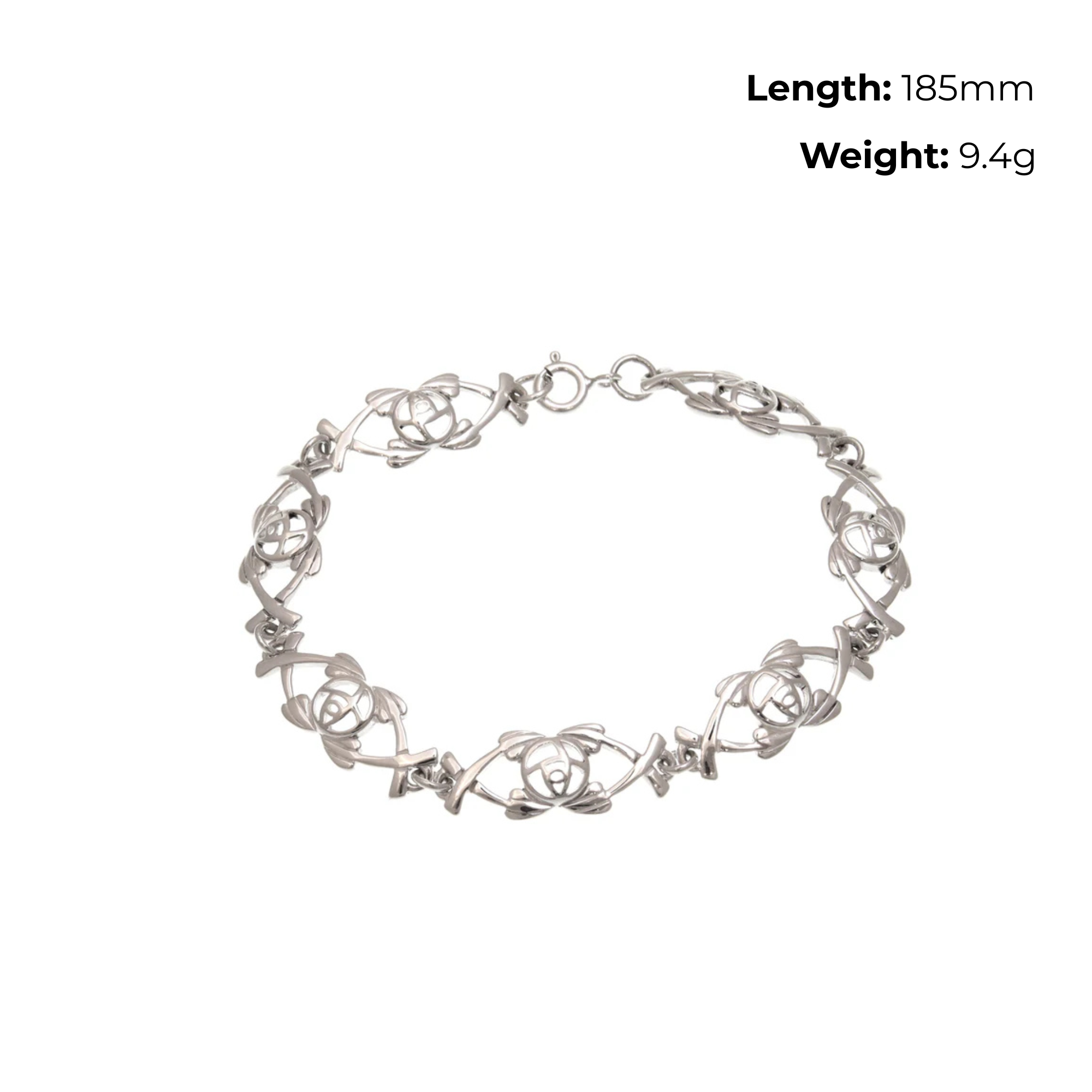 Sterling Silver Charles Rennie Mackintosh Rose Garland Bracelet, interlocking design, product dimensions shown, length 185mm, weight 9.4g