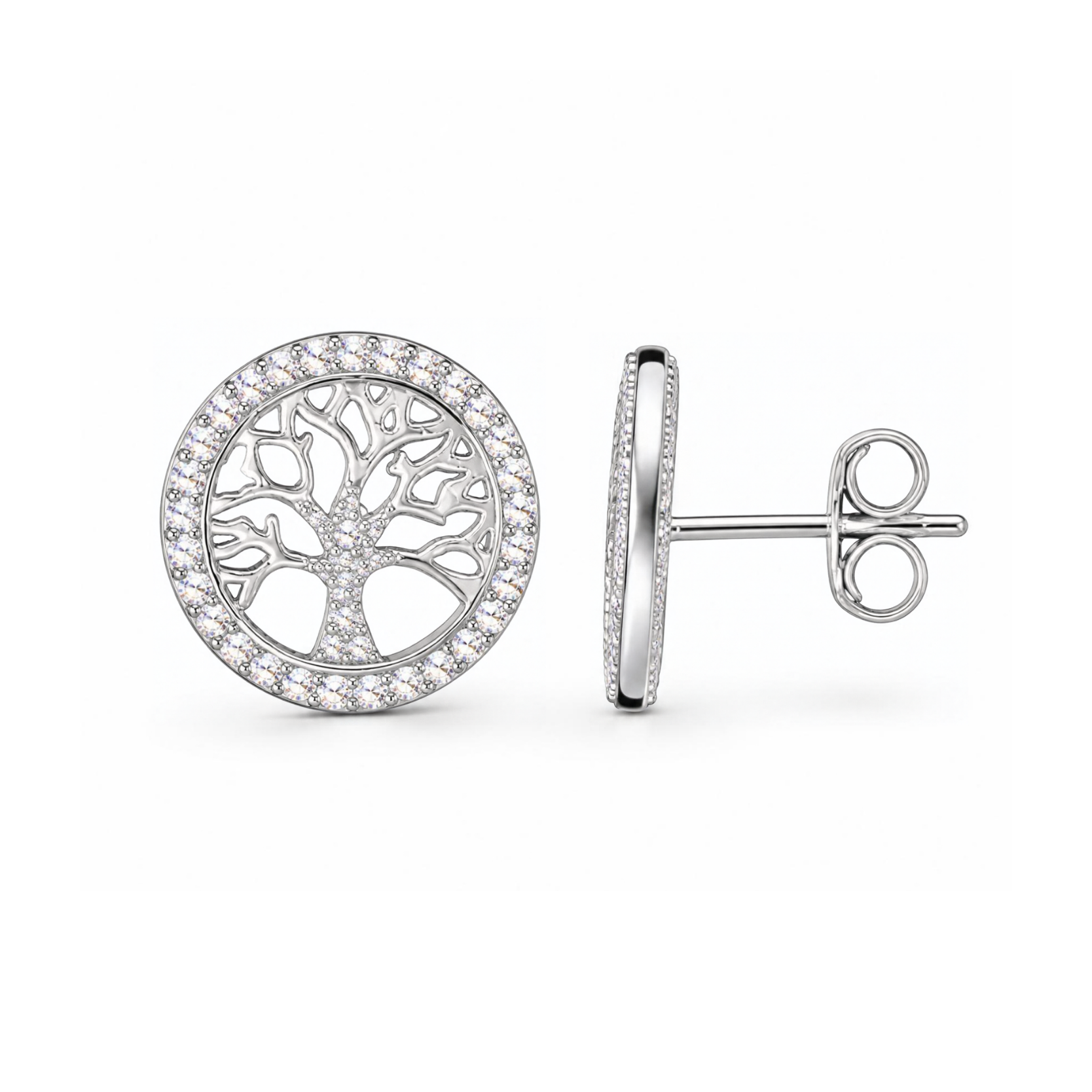 Sterling Silver Tree of Life Stud Earrings, Leaf Branch Design with CZ Border