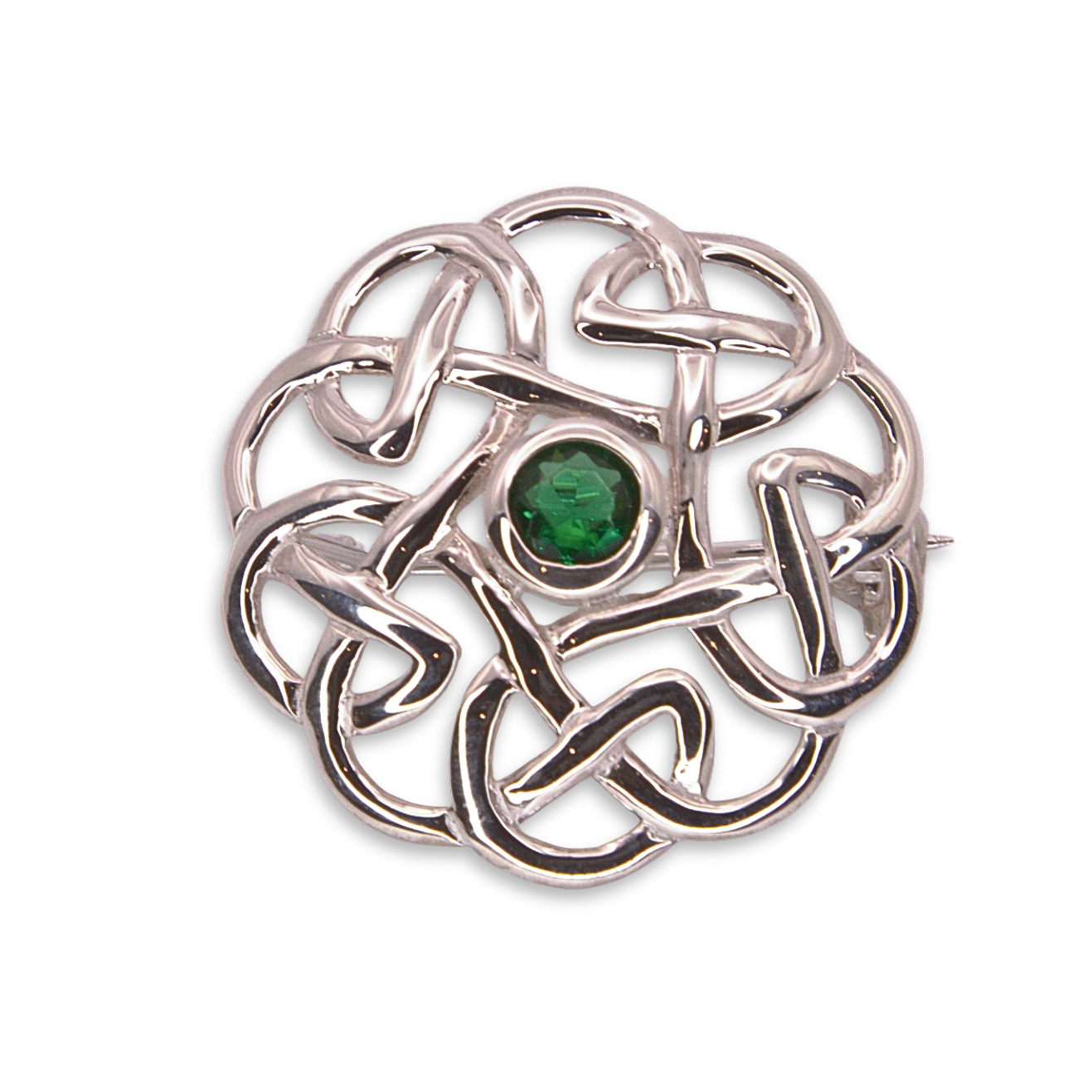 Sterling Silver Celtic Knotwork Brooch with green stone, bezel set, 26mm