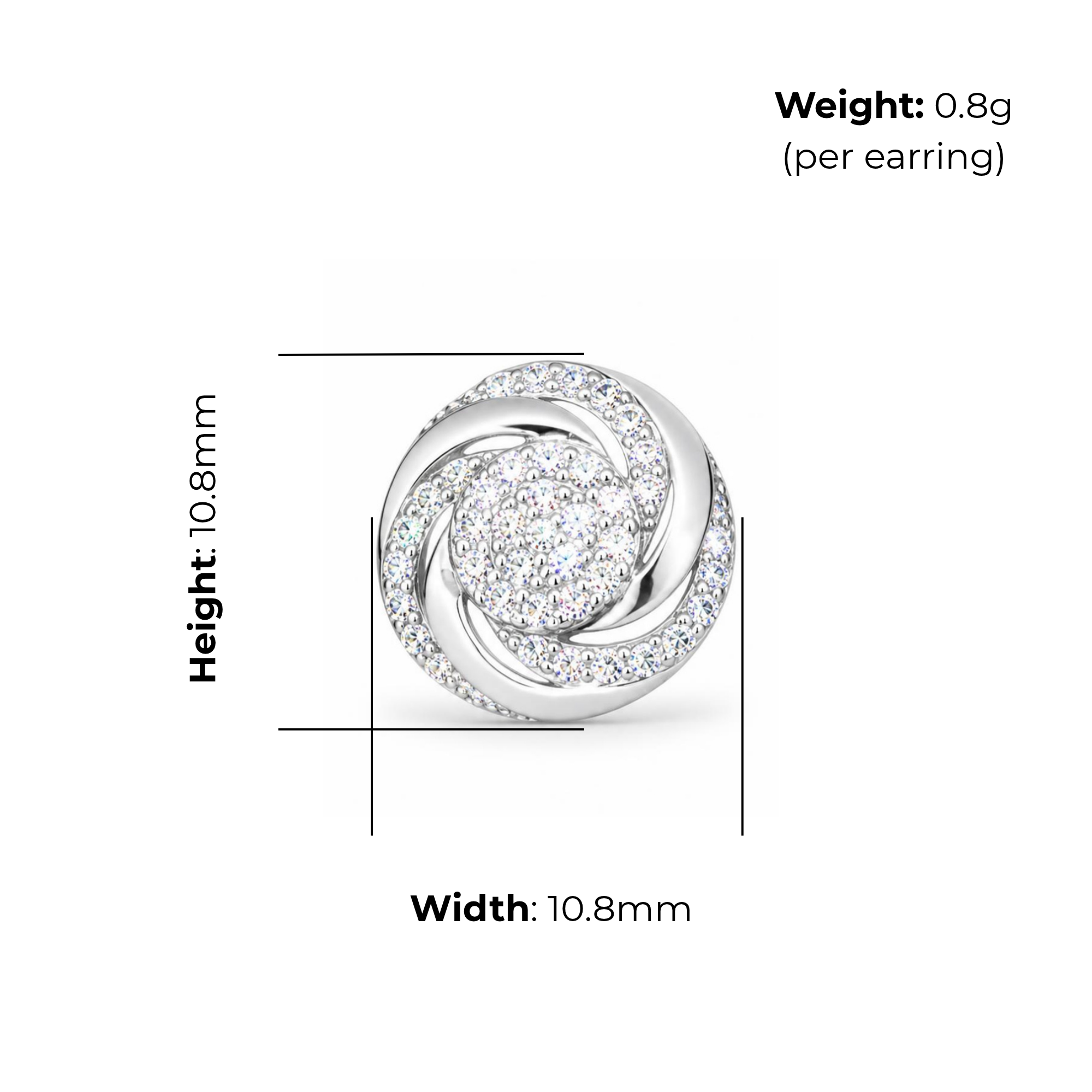 Sterling Silver Round Spiral CZ Stud Earrings, product dimensions shown, width 10.8mm, height 10.8mm, weight 0.8g per earring