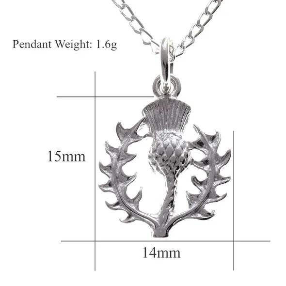 Sterling Silver Scottish Thistle Pendant, feathered head, crosshatched globe, open spiky leaf surround, product dimensions shown, width 14mm by height 15mm, weight 1.6g
