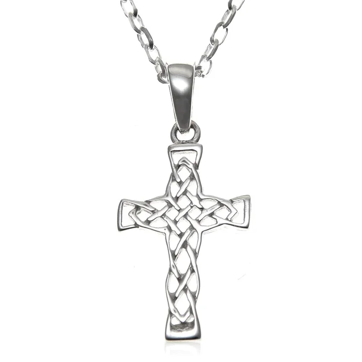 Sterling Silver Celtic cross pendant, full open plaitwork basketweave knotwork, flared arm terminals, no ring, 22mm