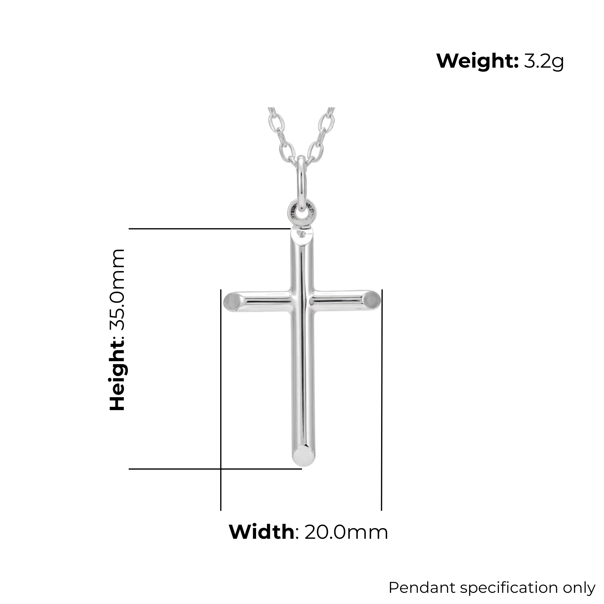 Sterling Silver Plain Cross Pendant, tubular arms, product dimensions shown, width 20mm, height 35mm, weight 3.2g, pendant specification only