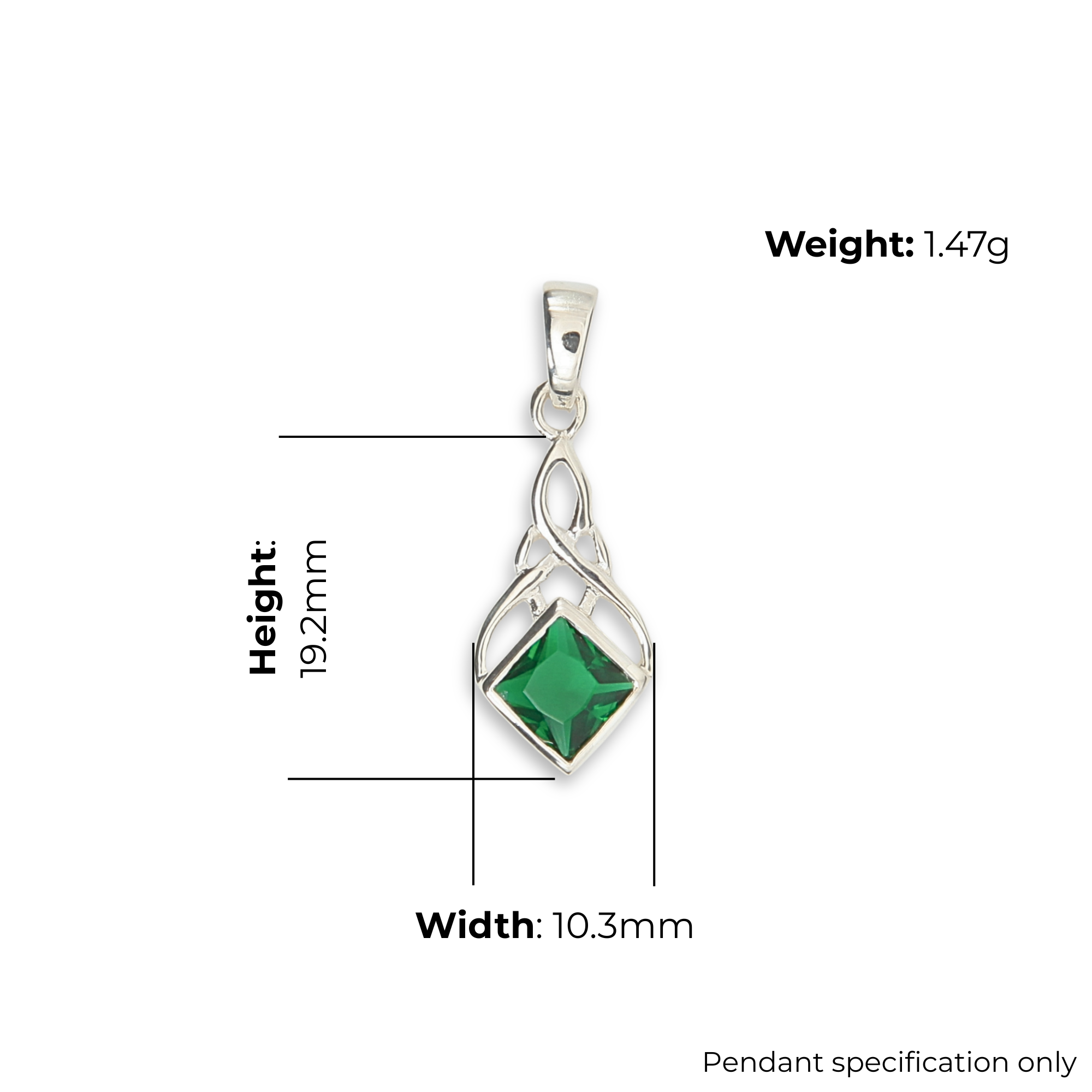 Sterling Silver Celtic Knotwork Teardrop Pendant, square green stone bezel set, diamond orientation, product dimensions shown, width 10.3mm, height 19.2mm, weight 1.47g, pendant specification only.