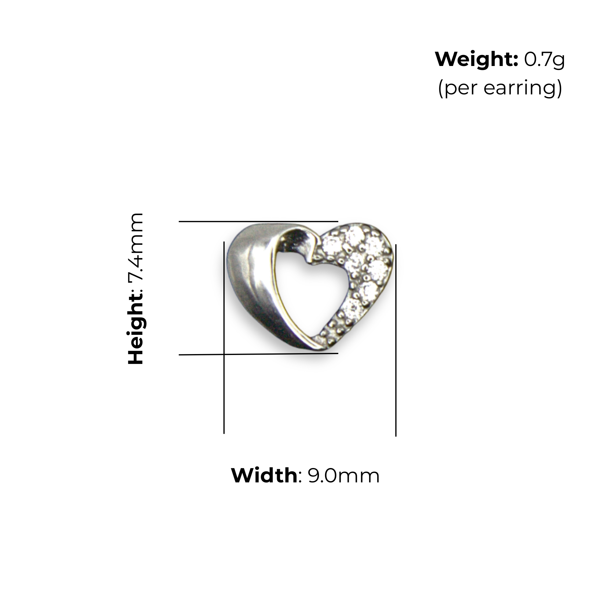 Sterling Silver Split Heart Stud Earrings, Half Pave-Set CZ, product dimensions shown, width 9.0mm, height 7.4mm, weight 0.7g per earring.