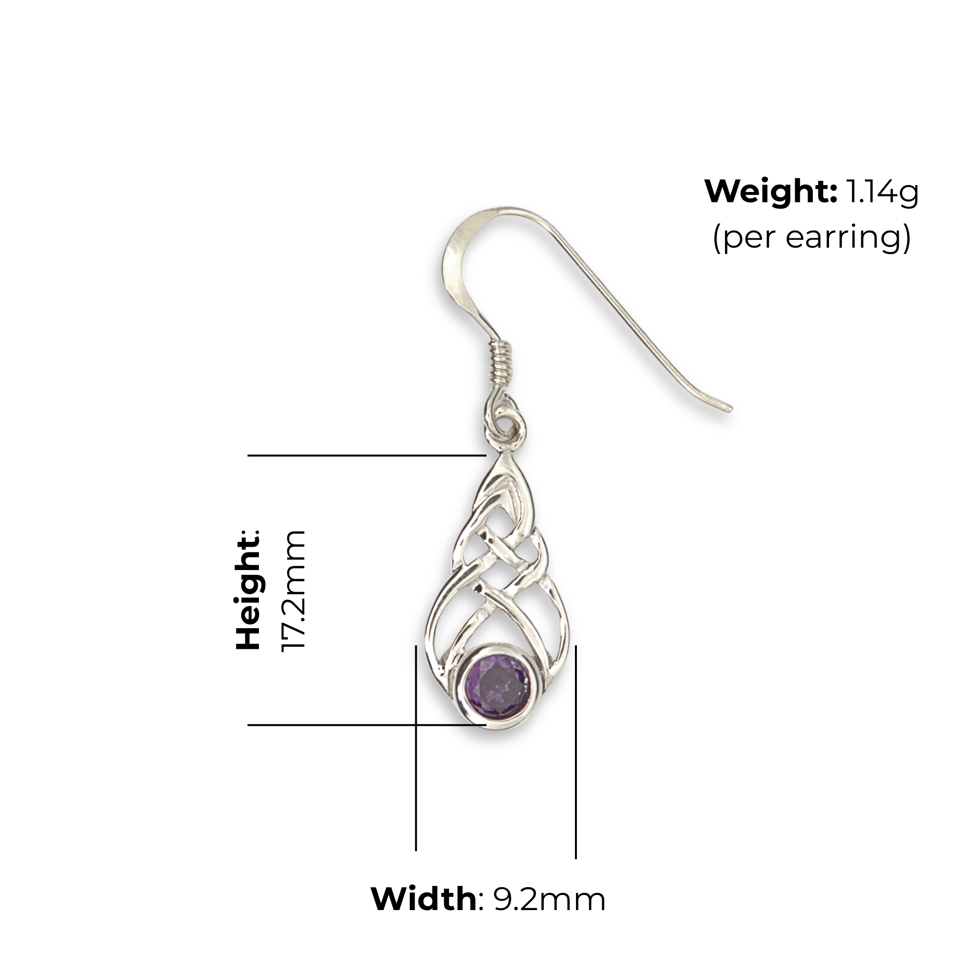 Sterling Silver Celtic Knotwork Teardrop Drop Earrings, round amethyst bezel set, high mirror polish, fish hook fitting, product dimensions shown, width 9.2mm, height 17.2mm, weight 1.14g per earring.