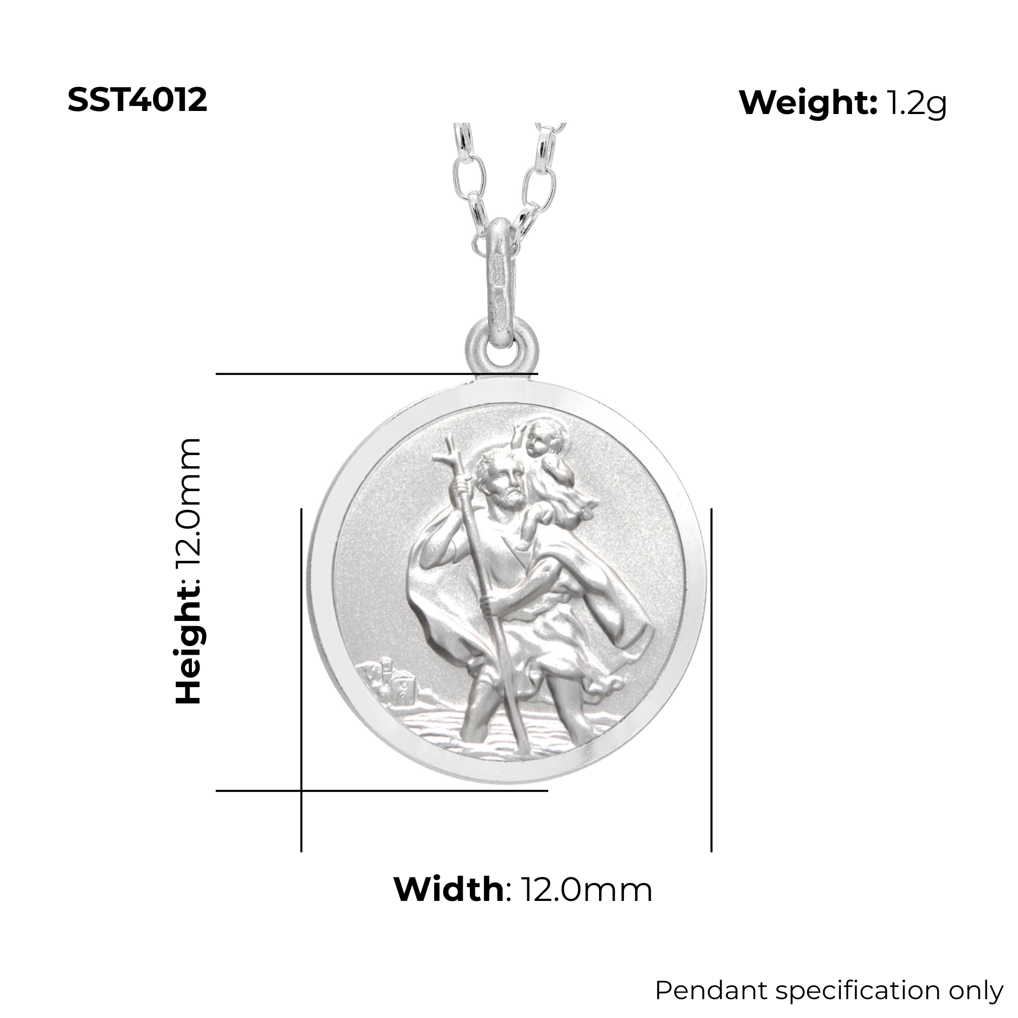 Sterling Silver St Christopher pendant, embossed figural scene, product SST4012 dimensions shown, width 12mm, height 12mm, weight 1.2g, pendant specification only